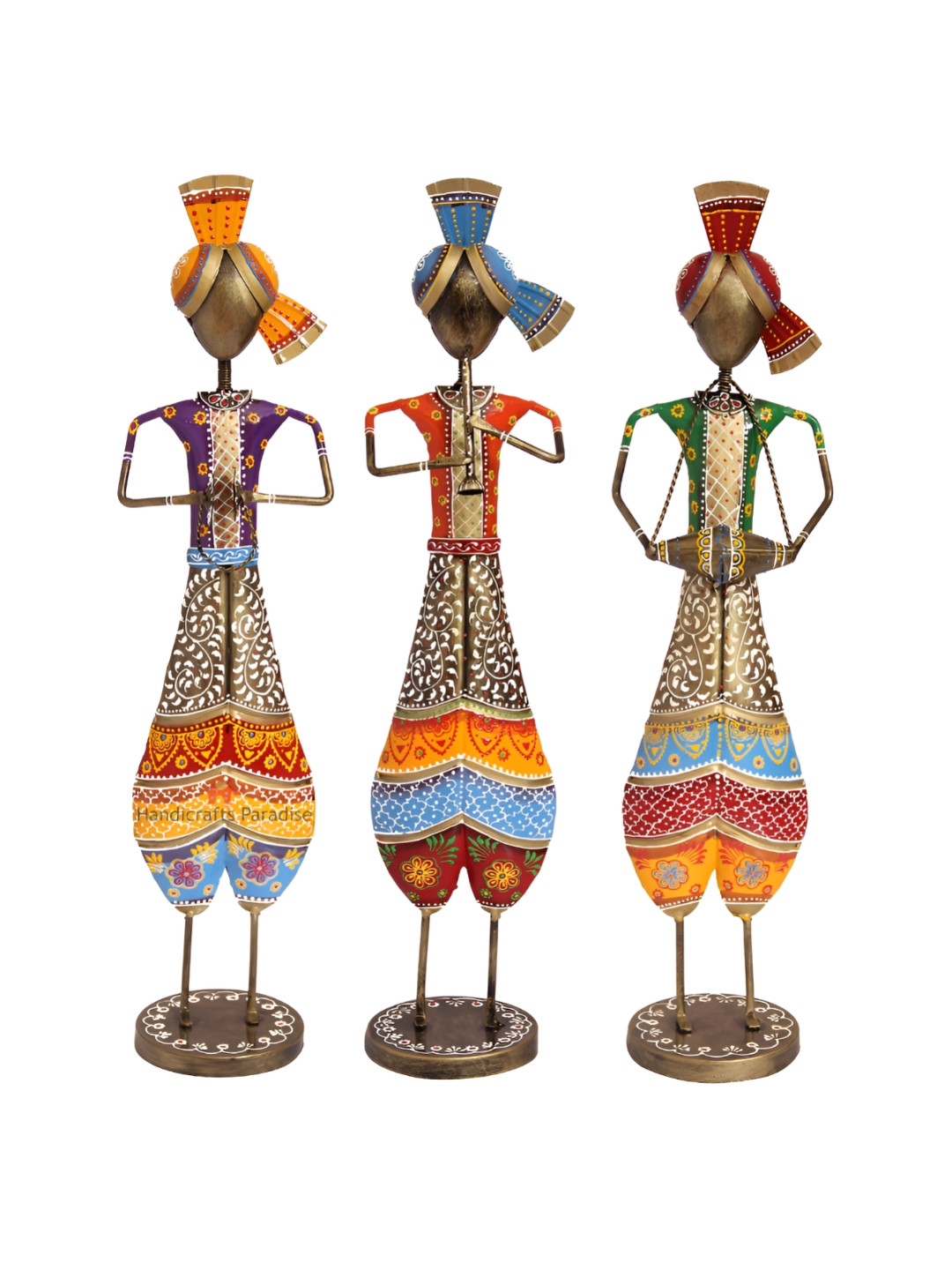 HANDICRAFTS PARADISE Musical Doll Yellow Metal Metallic Living Room Music Set of 3 Medium Showpieces - 24.7 Inches