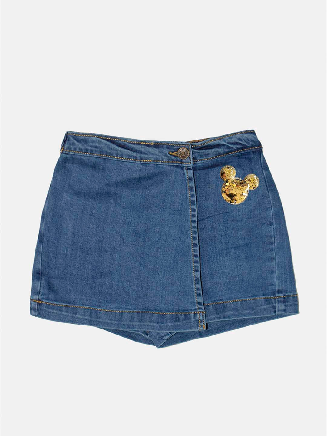 KiddoPanti Girls Blue Embellished Denim Denim Skorts