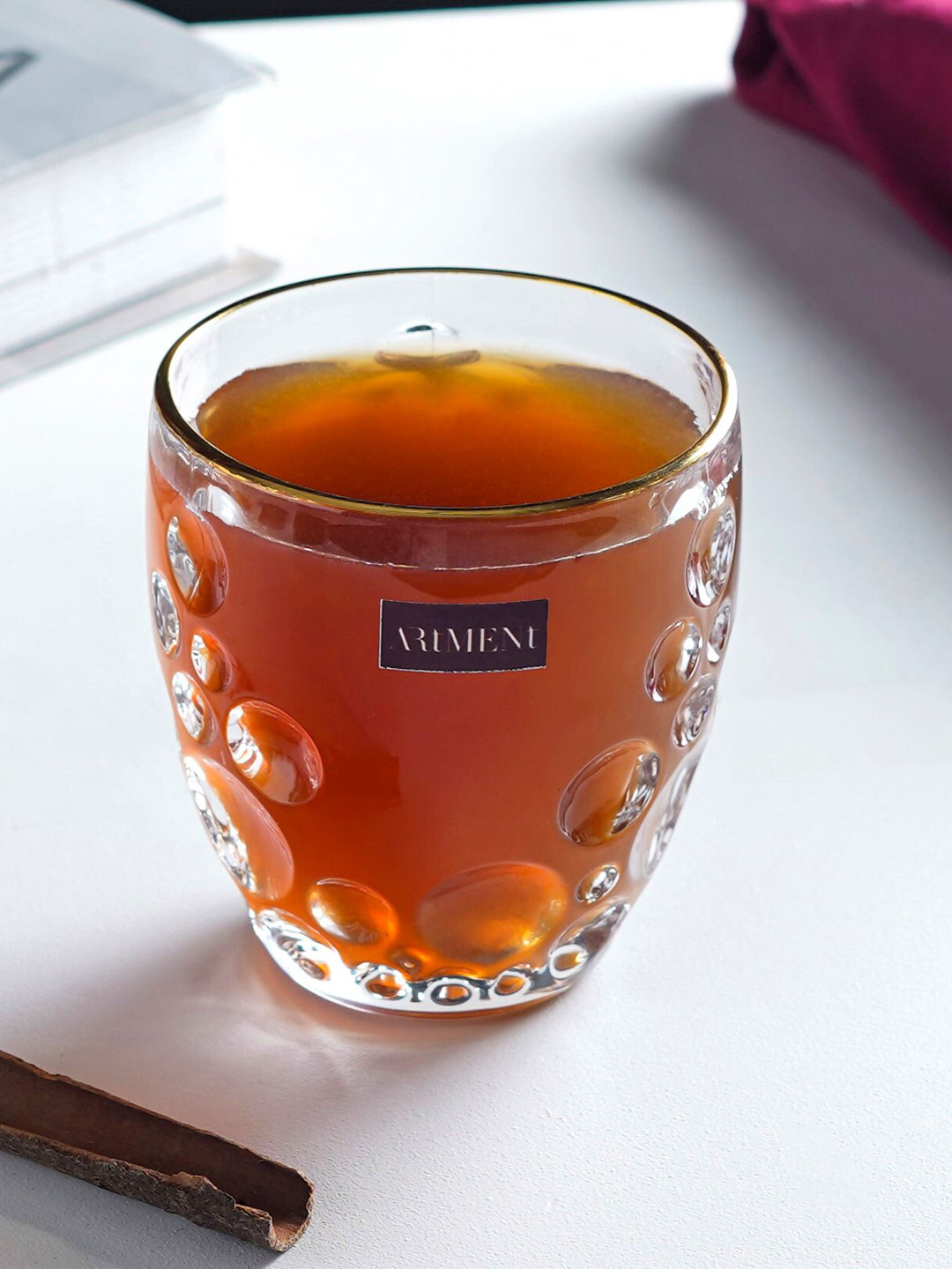 THE ARTMENT Gold Toned Transparent 8 Pieces Rimmed Bubble Swirl Whiskey Glasses 360ML