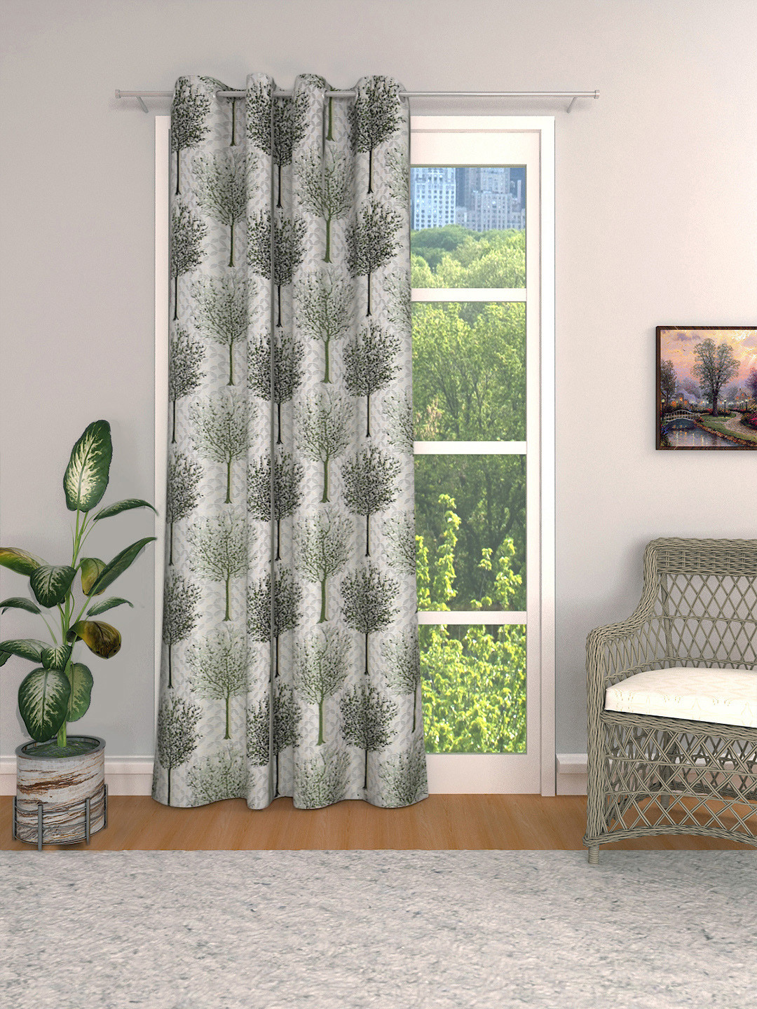 THE CONVERSION Green & Grey Floral Printed Long Door Curtain