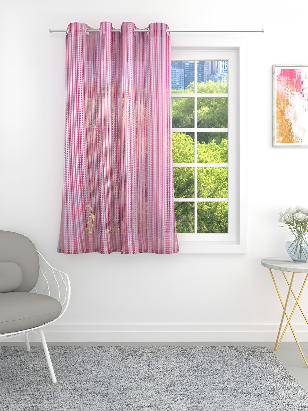 THE CONVERSION Pink & White Self Design Sheer Window Curtain