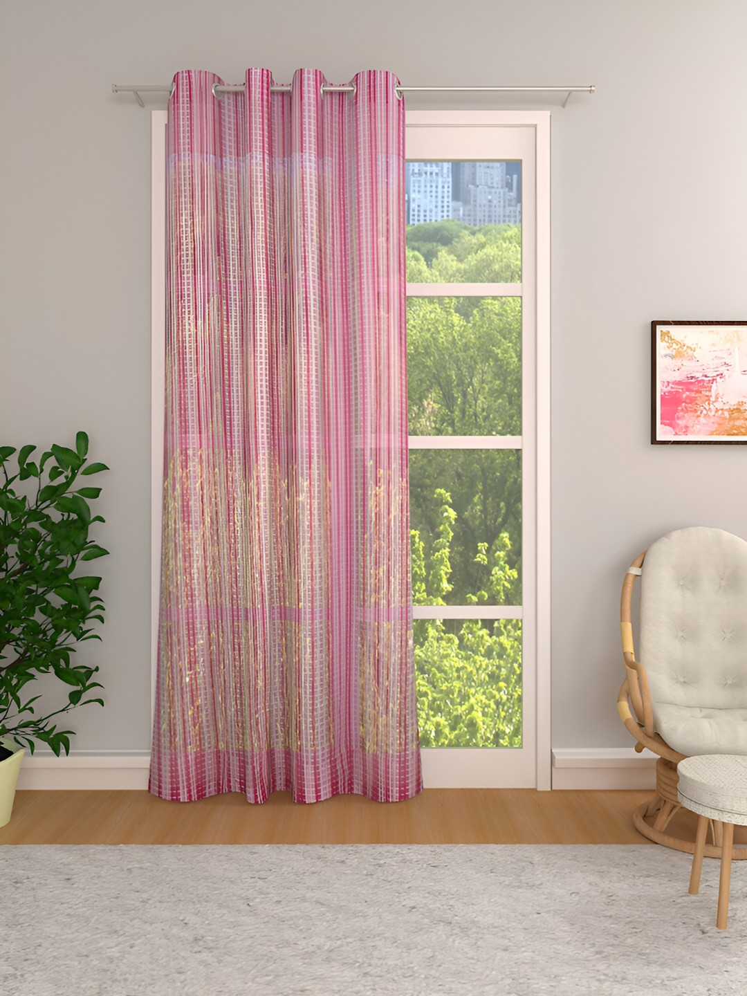 THE CONVERSION Pink & White Self Design Sheer Door Curtain