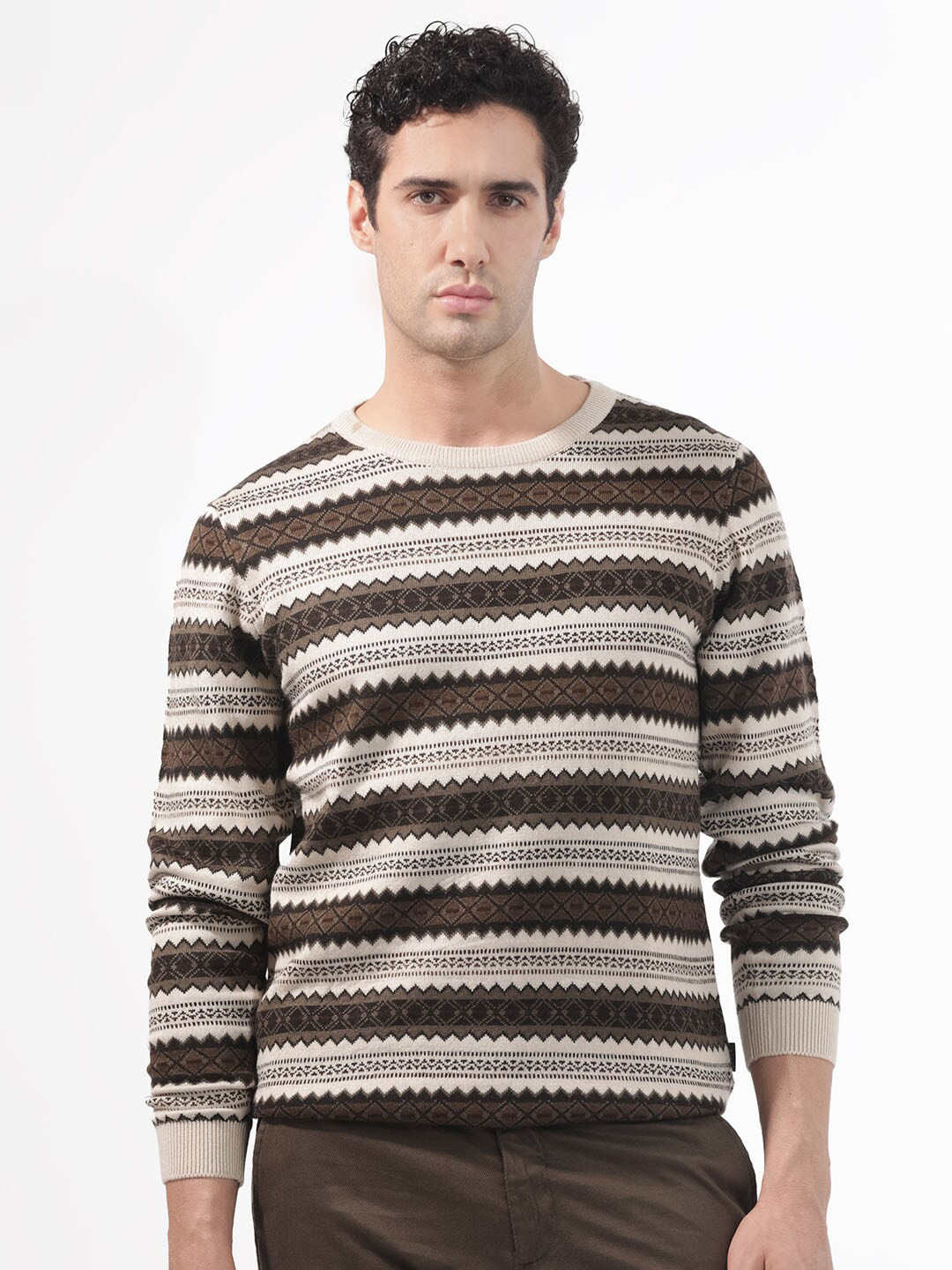 RARE RABBIT Men Fare Crew Neck Striped Acrylic Sweater