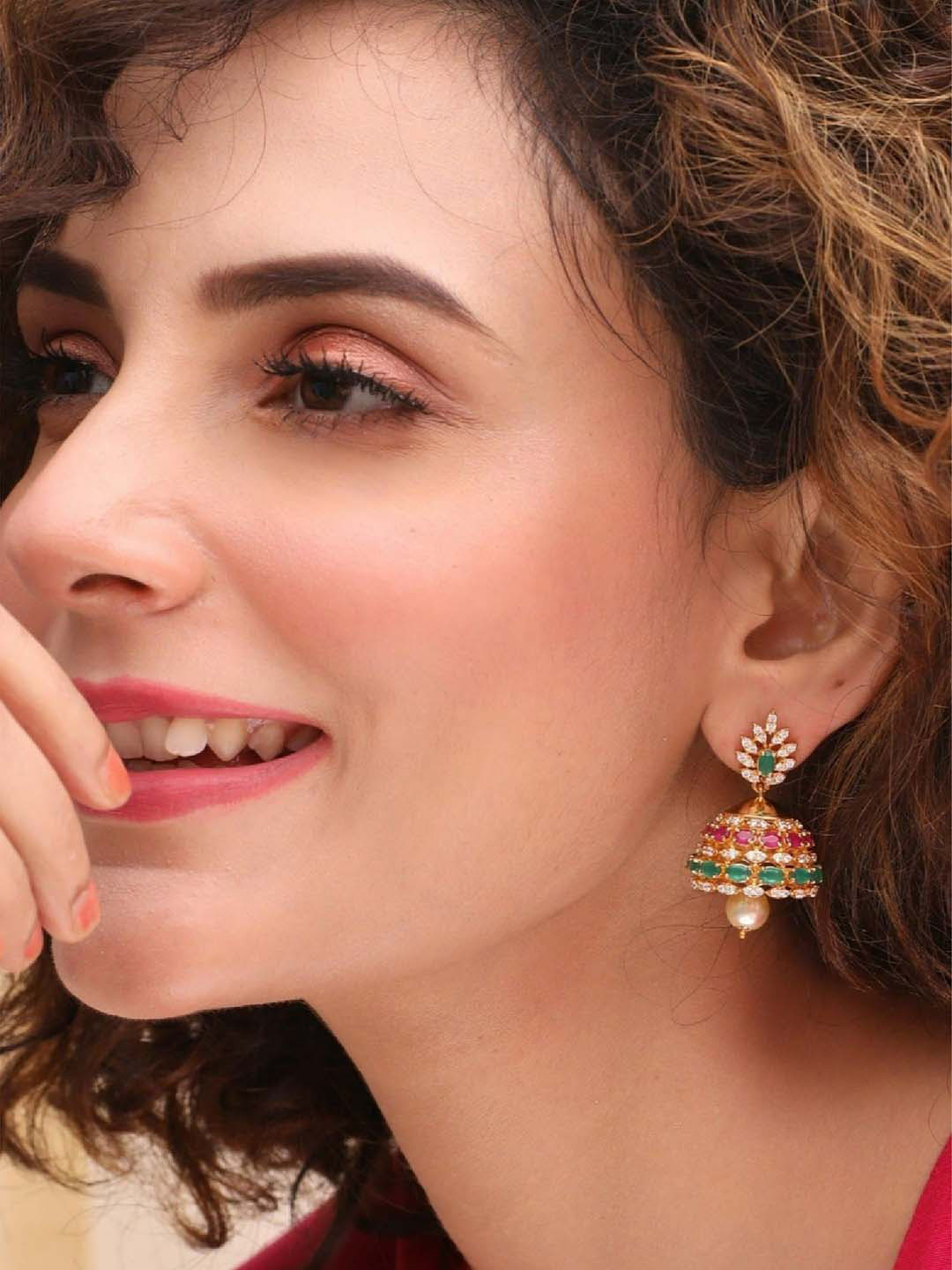 Tarinika Gold-Plated Cubic Zirconia Studded Classic Dome Shaped Jhumkas