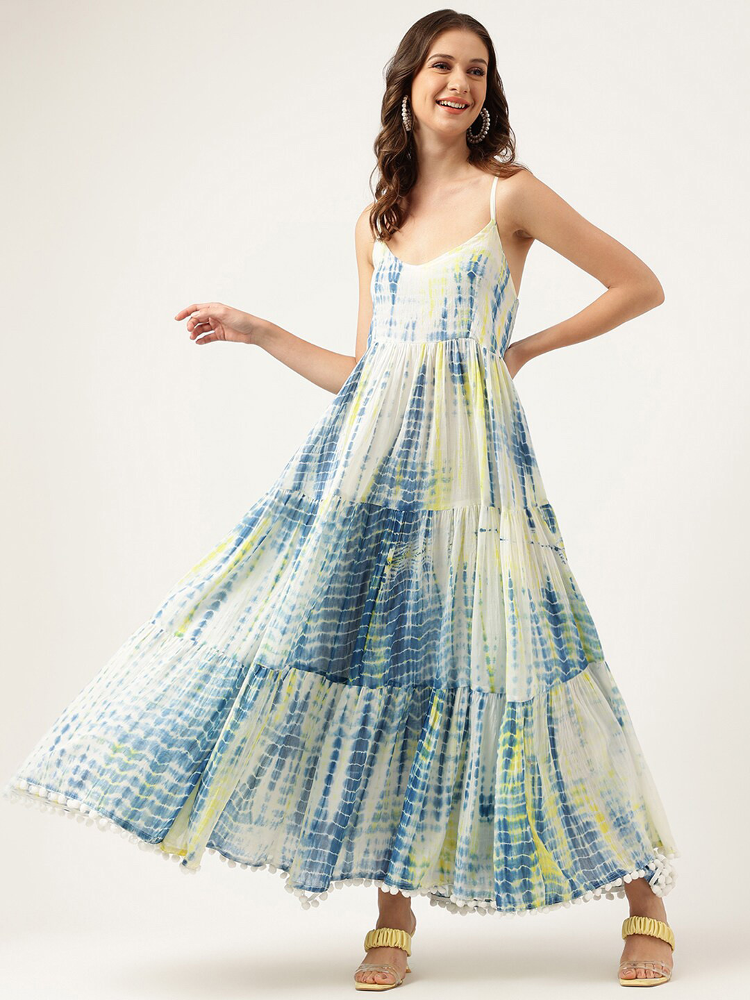 KALINI Tie and Dye Printed Shoulder Straps Gathered Tiered Cotton Maxi Dress