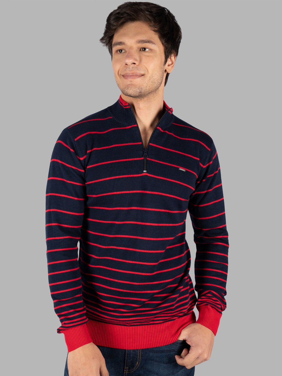 TIM PARIS Striped Mock Collar Long Sleeves Cotton Pullover Sweater