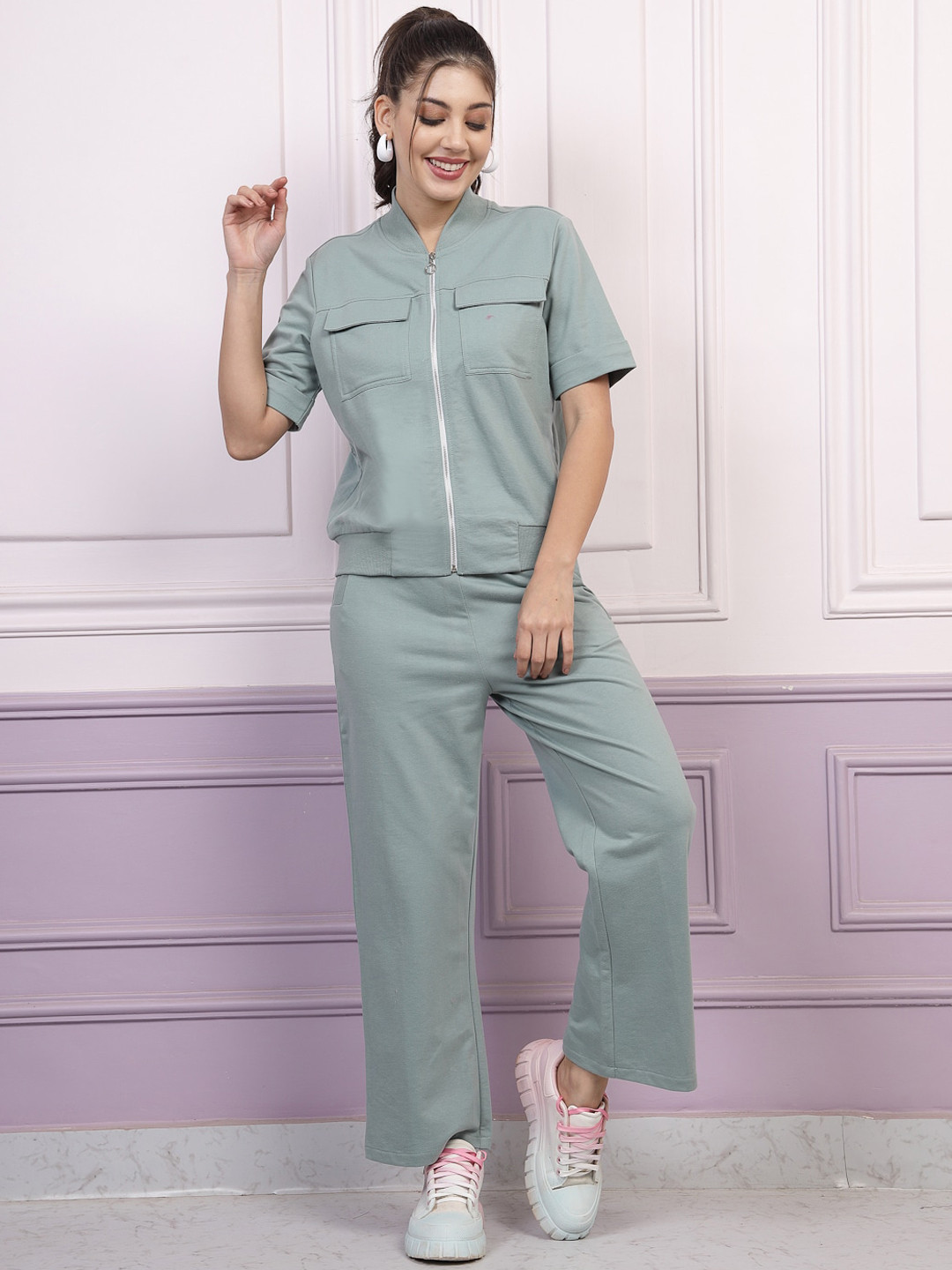 Athena Green Mandarin Collar Sweatshirt With Trousers