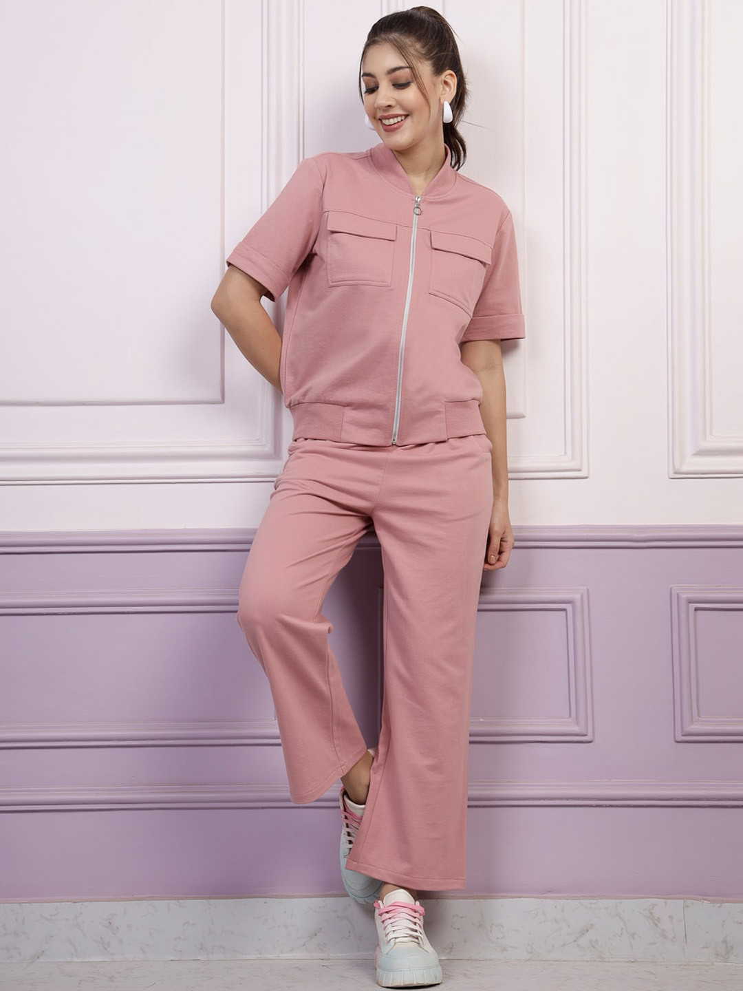 Athena Pink Mandarin Collar Sweatshirt With Trousers