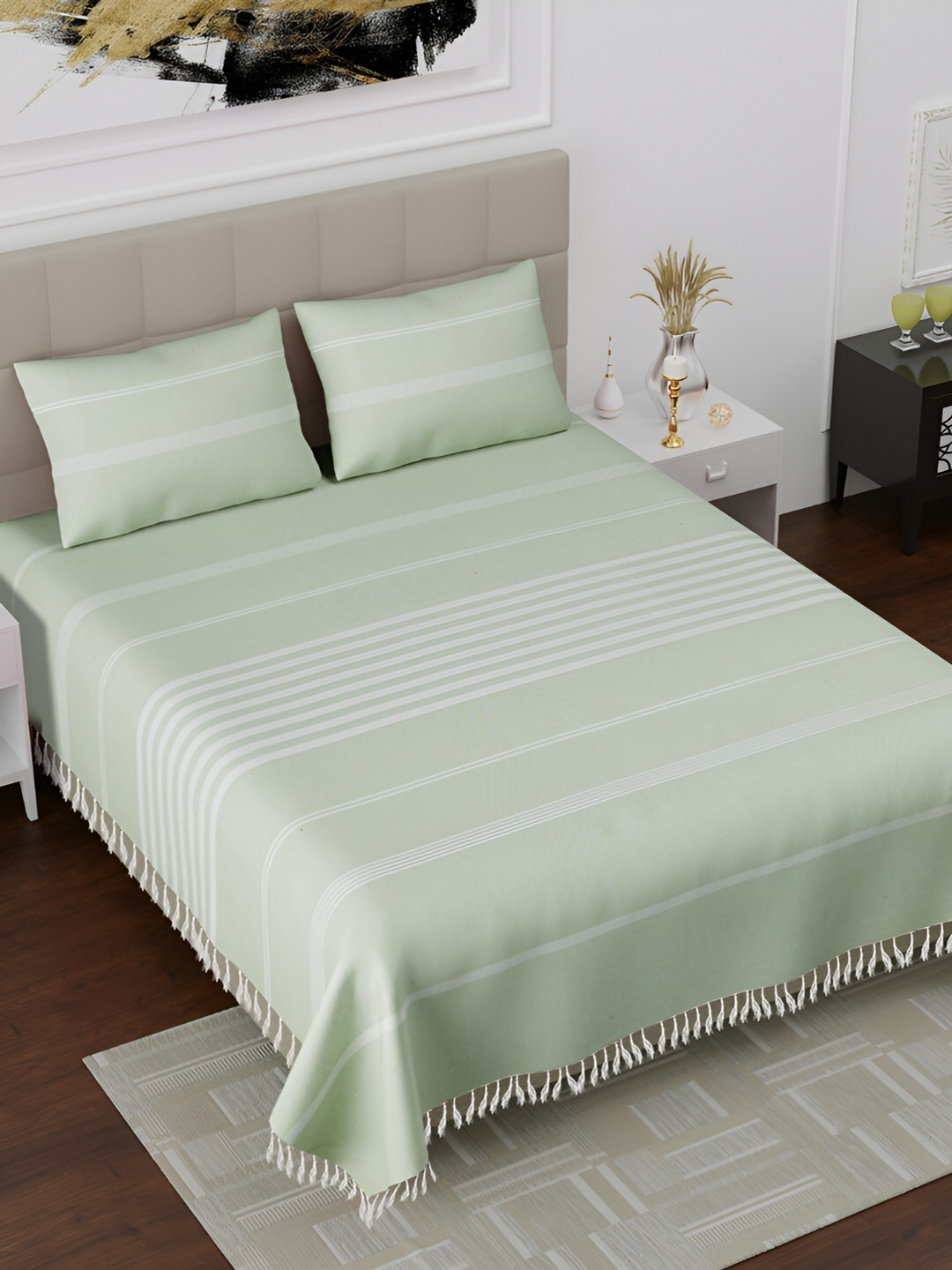 Homez Sparrow All Seasons Green Striped Pure Cotton 160 TC King Bedsheet with 2 Pillow Covers-89 x 98 inches