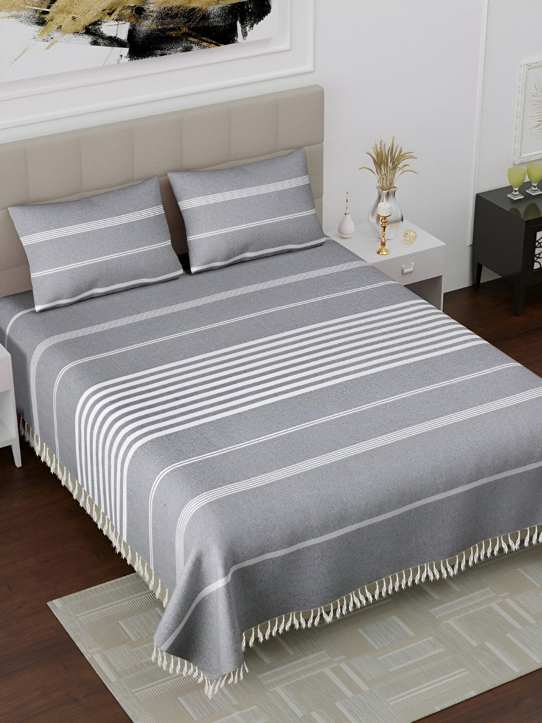 Homez Sparrow All Seasons Grey Striped Cotton 160 TC King Bedsheet with 2 Pillow Covers-89 x 98 inches