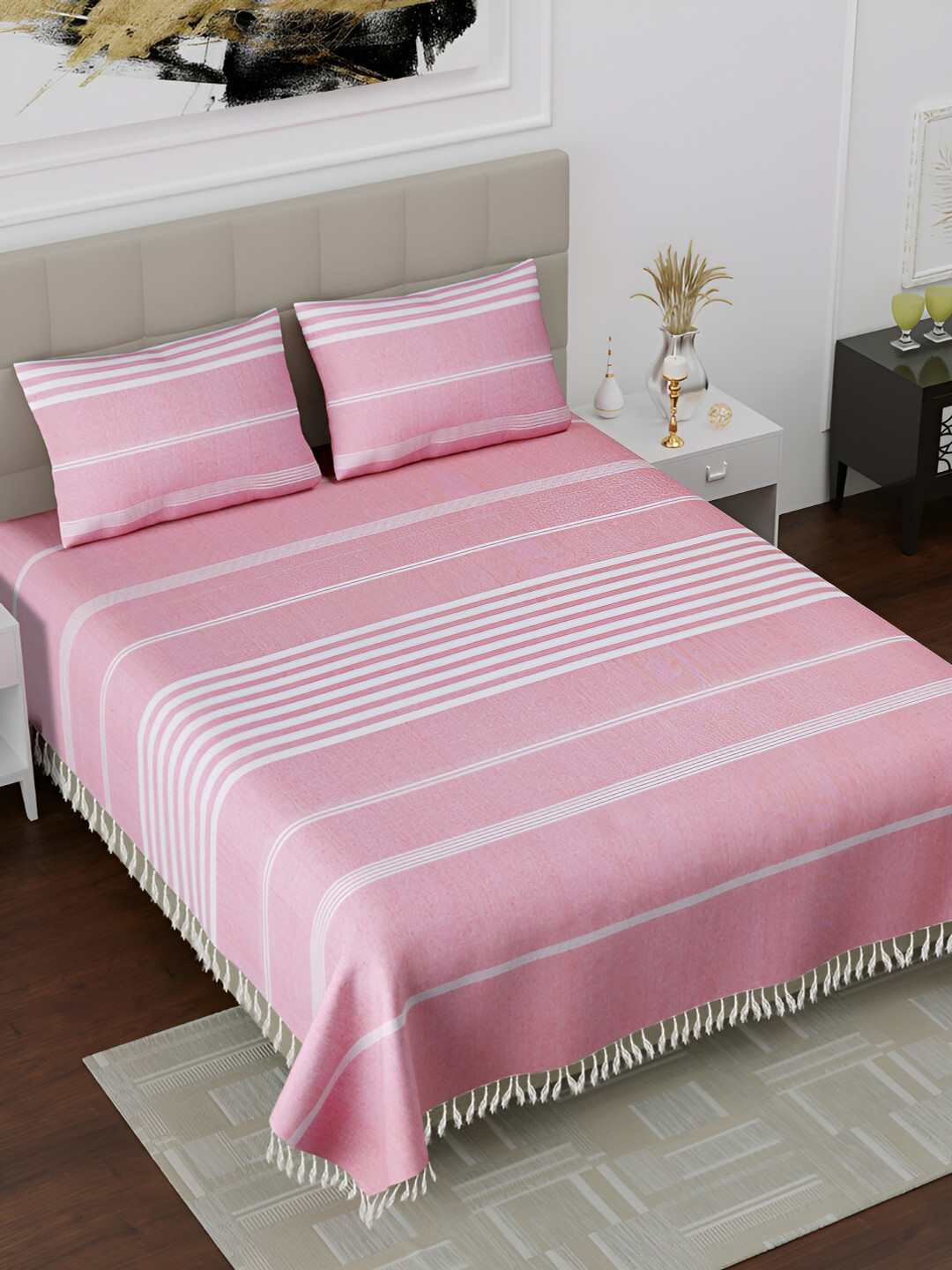 Homez Sparrow Royal Passion Pink Striped Cotton 160 TC King Bedsheet with 2 Pillow Covers-225 x 250 cm