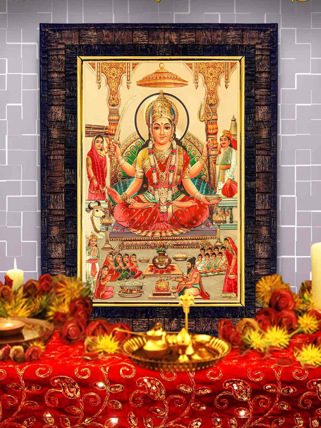 Hawai Black & Red 24k Gold Plated Santoshi Mata Foil Embossed Wooden Wall Photo Frame