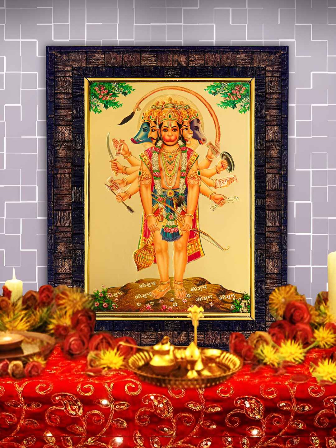 Hawai Black 24k Gold Plated Panchmukhi Hanuman Wooden Wall Photo Frame