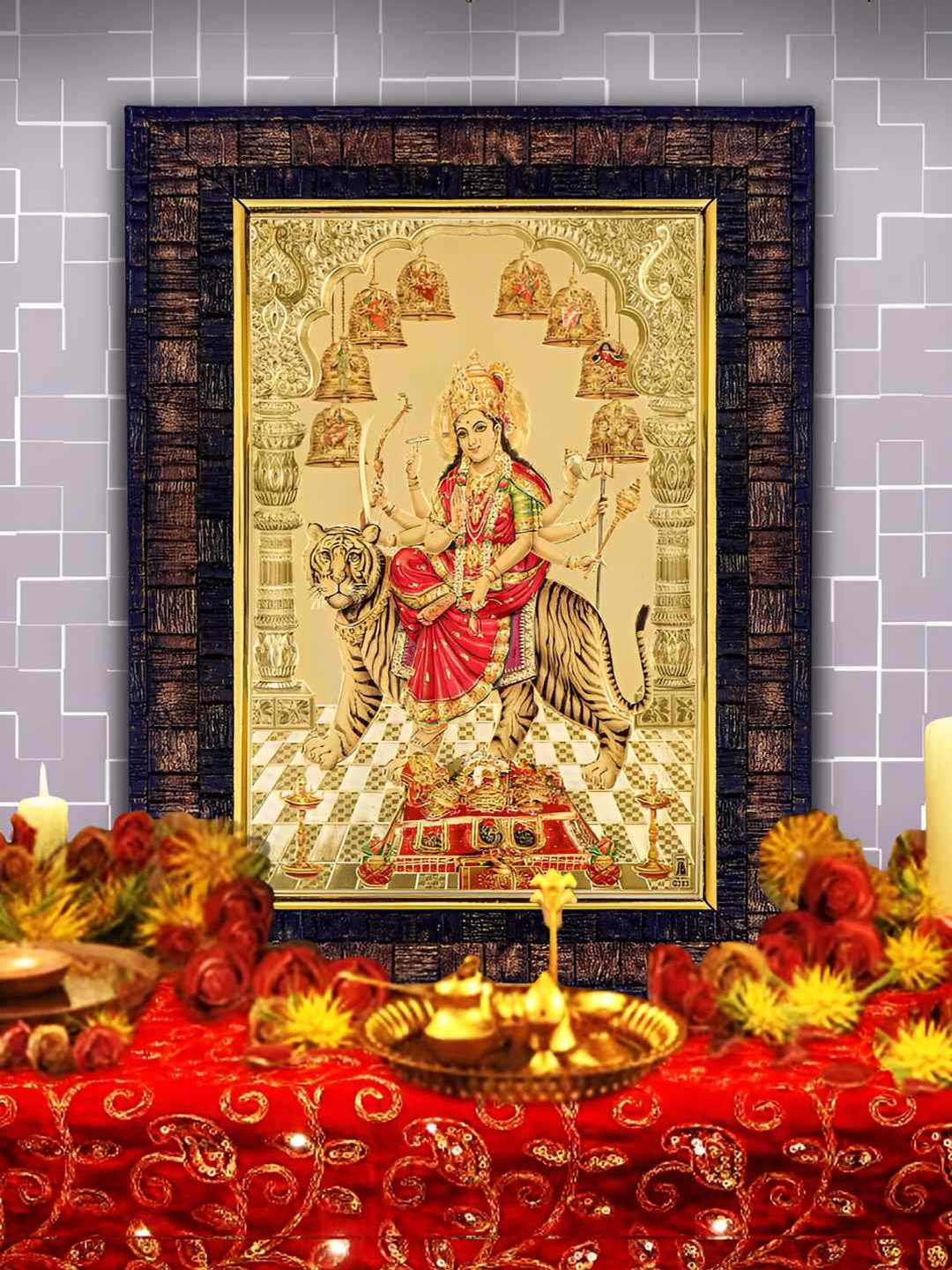 Hawai Gold-Toned & Red 24k Gold Plated Durga Devi Foil Embossed Wood Wall Photo Frame