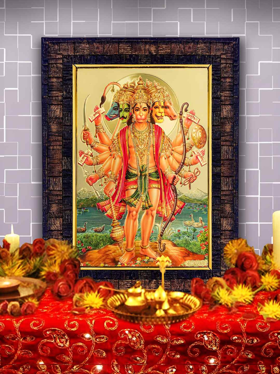 Hawai Black & Gold Toned 24k Gold Plated Panchmukhi Hanuman Foil Embossed Wooden Wall Photo Frame
