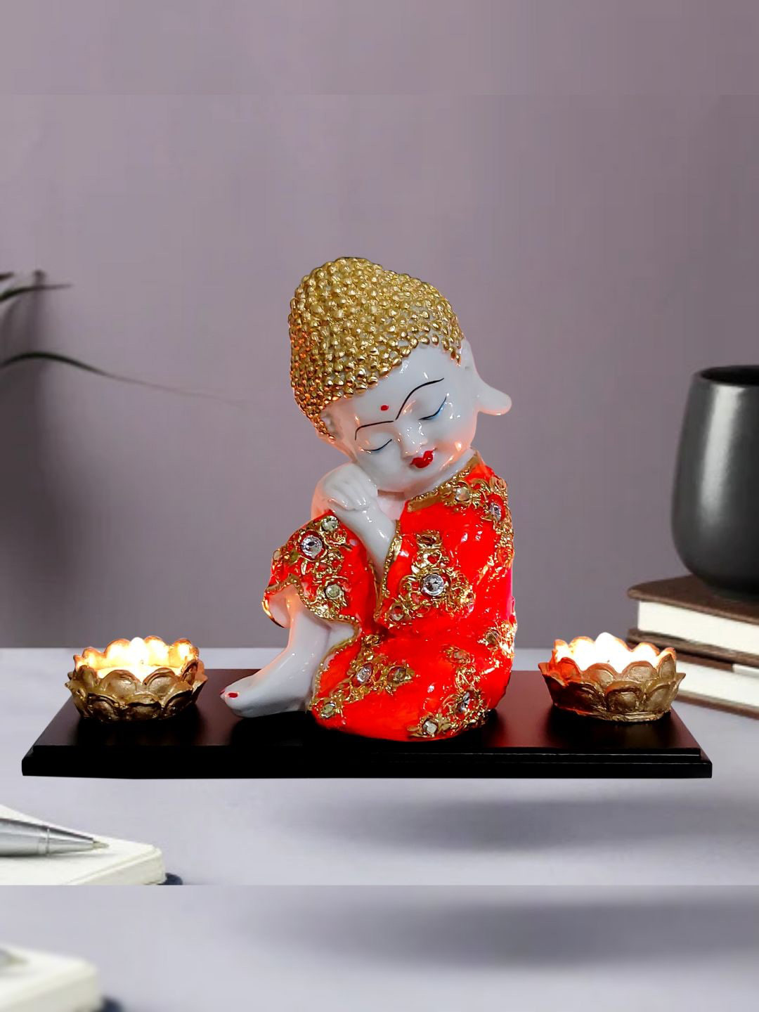 Mariner's Creation Buddha Orange Polyresin Glossy Living Room Small Showpiece - 7.9 Inches