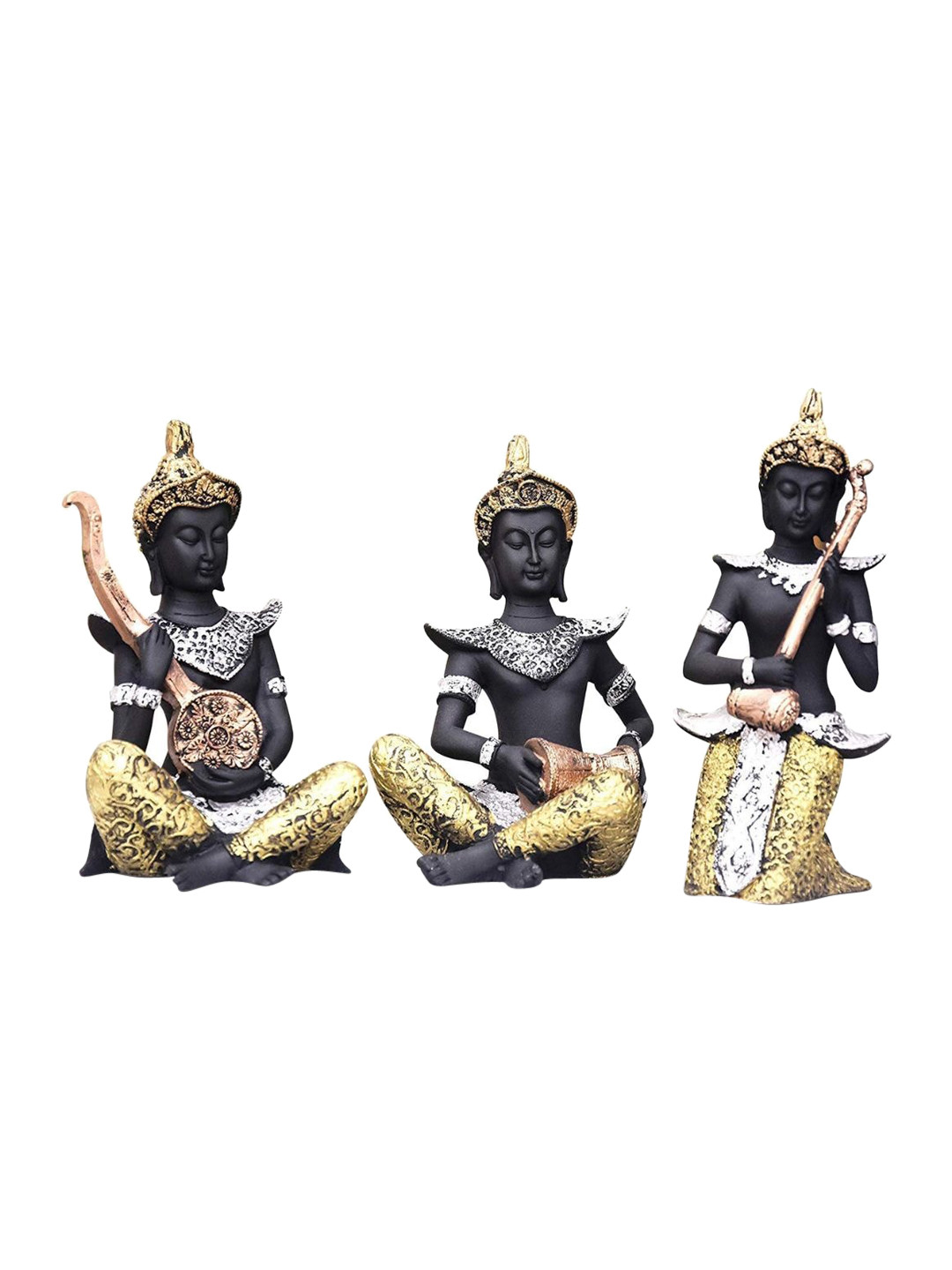 Mariner's Creation Buddha Playing Musical instruments Black Polyresin Matte Living Room Music Set of 3 Medium Showpieces - 4.9 Inches