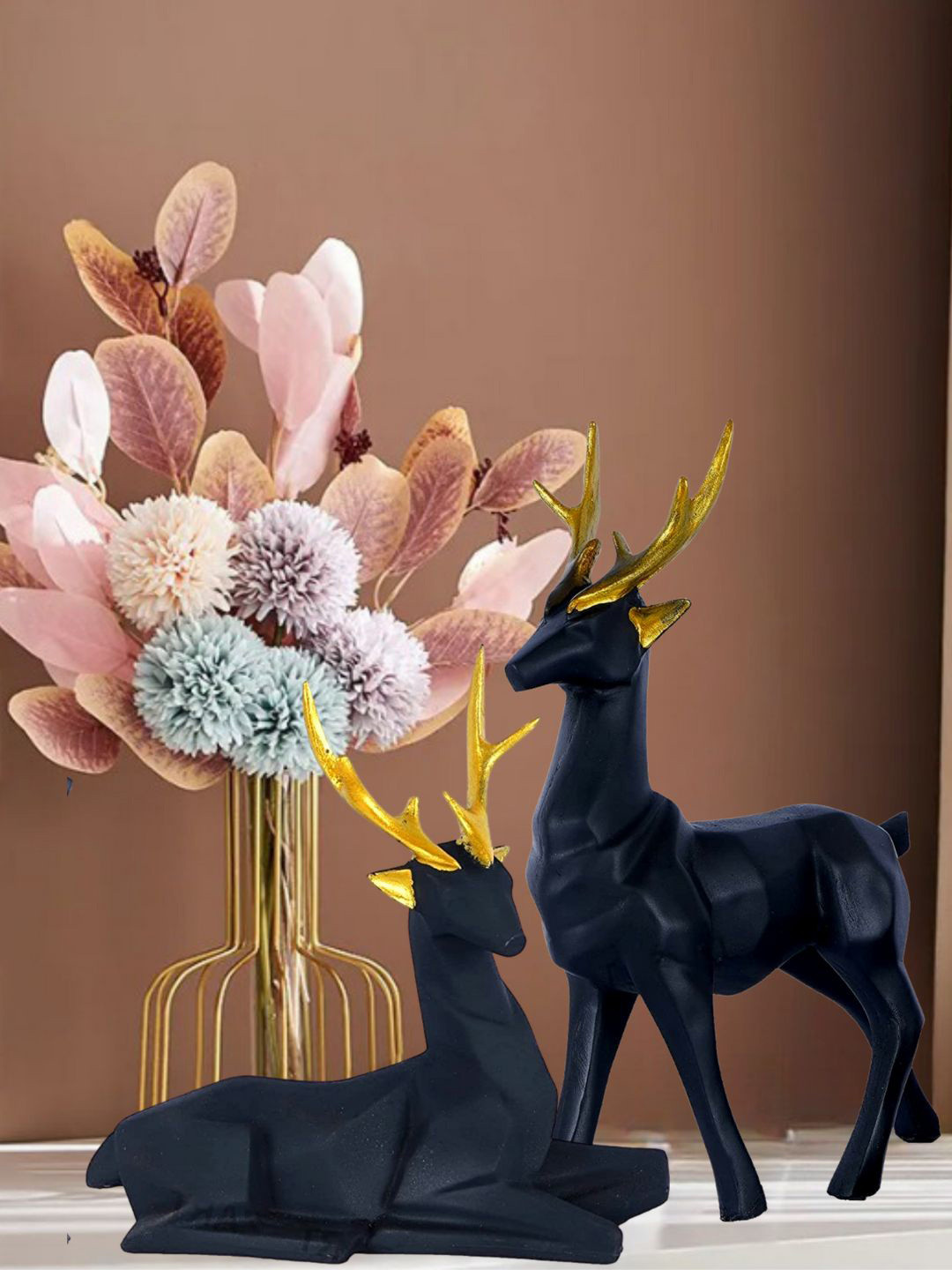 Mariner's Creation Deer Black Resin Matte Living Room Set of 2 Small Showpieces - 2.4 Inches