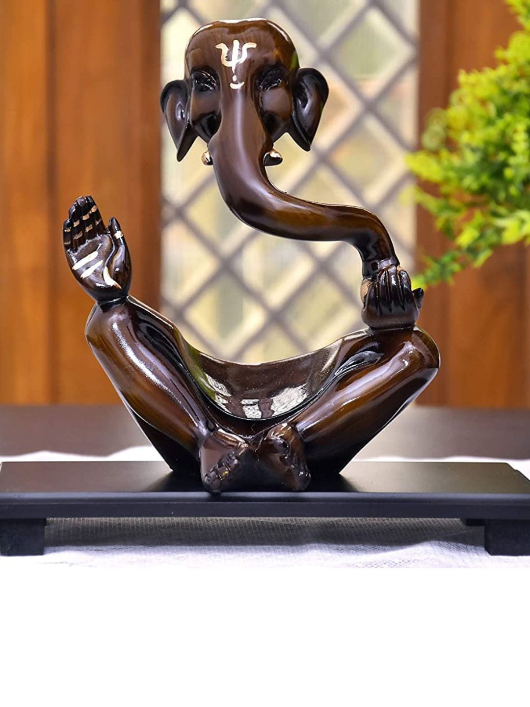 Mariner's Creation Ganesha with Tray Brown Polyresin Natural Prayer Room Medium Showpiece - 7.1 Inches