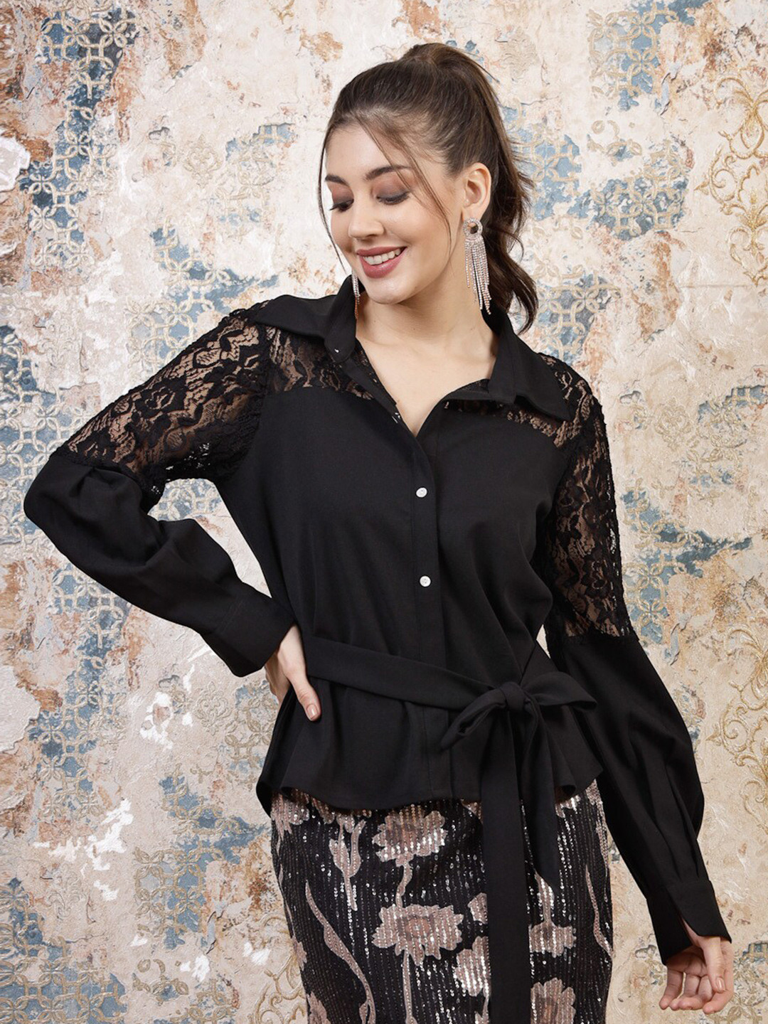 Athena Black Cuffed Sleeves Lace Inserts Shirt Style Top