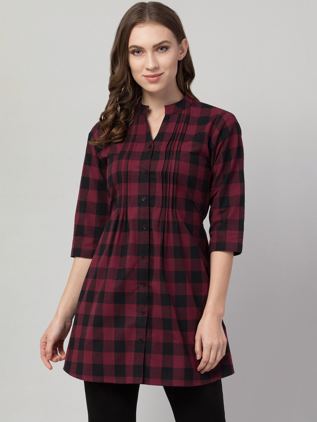 Hive91 Checked Mandarin Collar Cotton Tunic