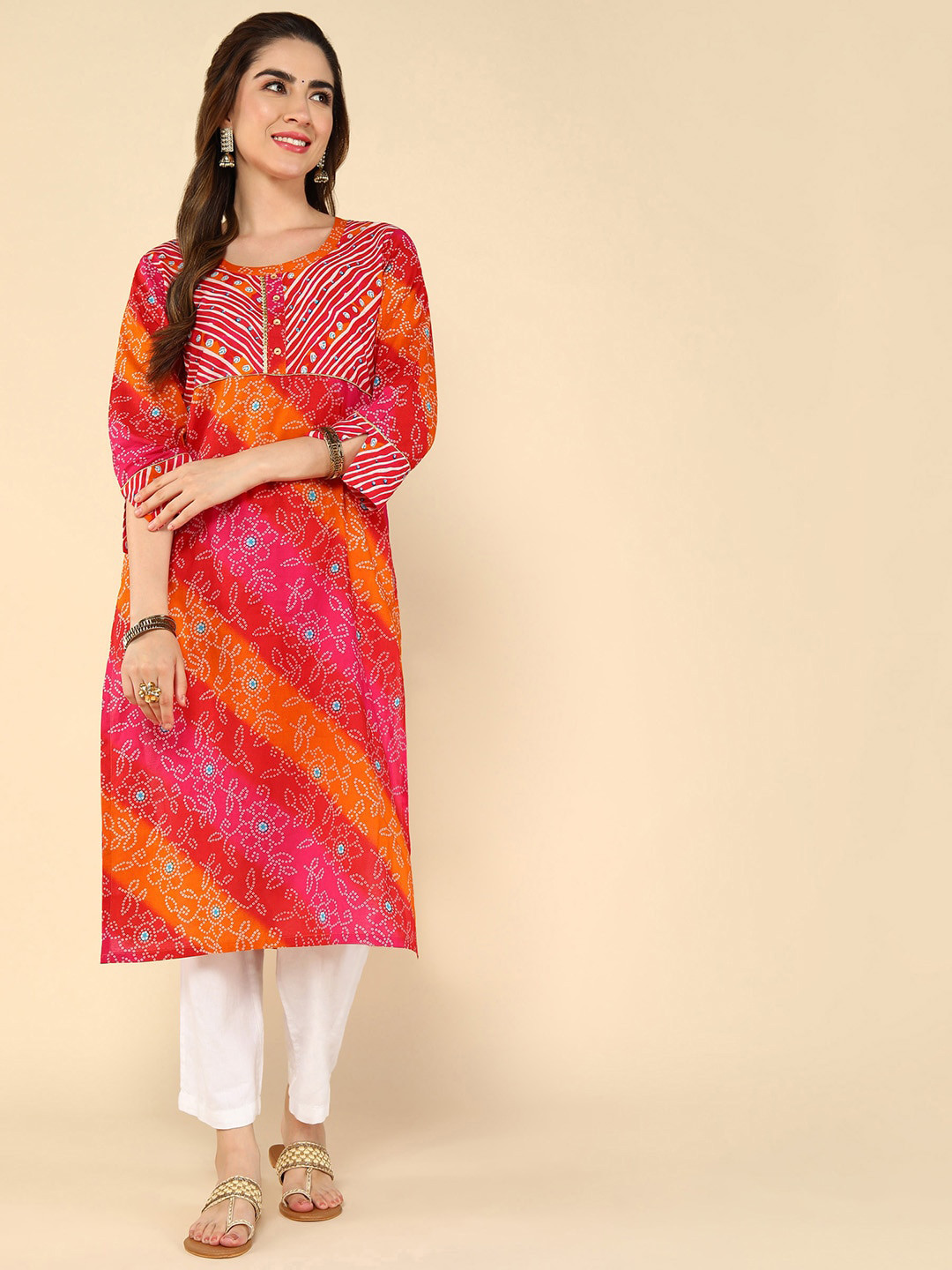 KALINI Bandhani And Leheriya Printed Gotta Patti Straight Kurta