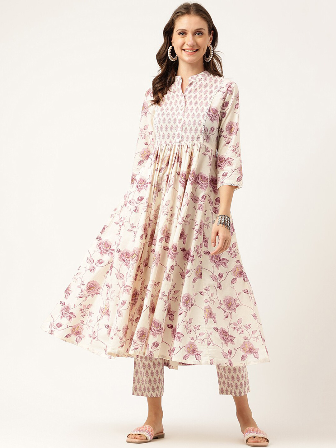 KALINI Floral Printed Mandarin Collar Pure Cotton Empire Anarkali Kurta With Trouser