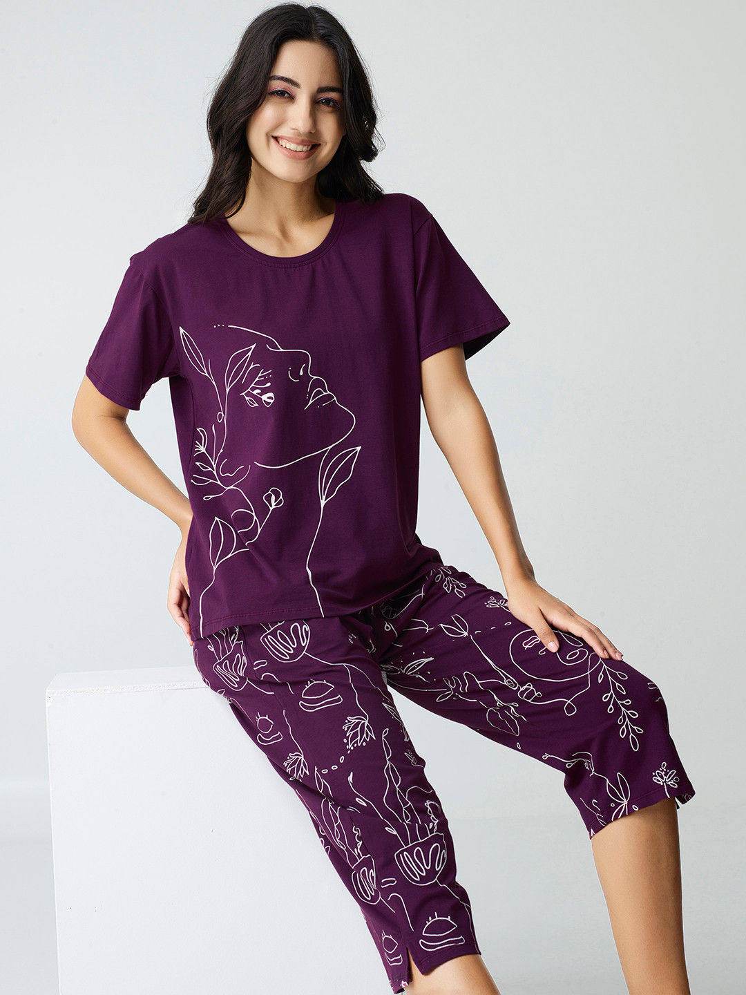 I like me Purple Abstract Printed Pure Cotton Night suit