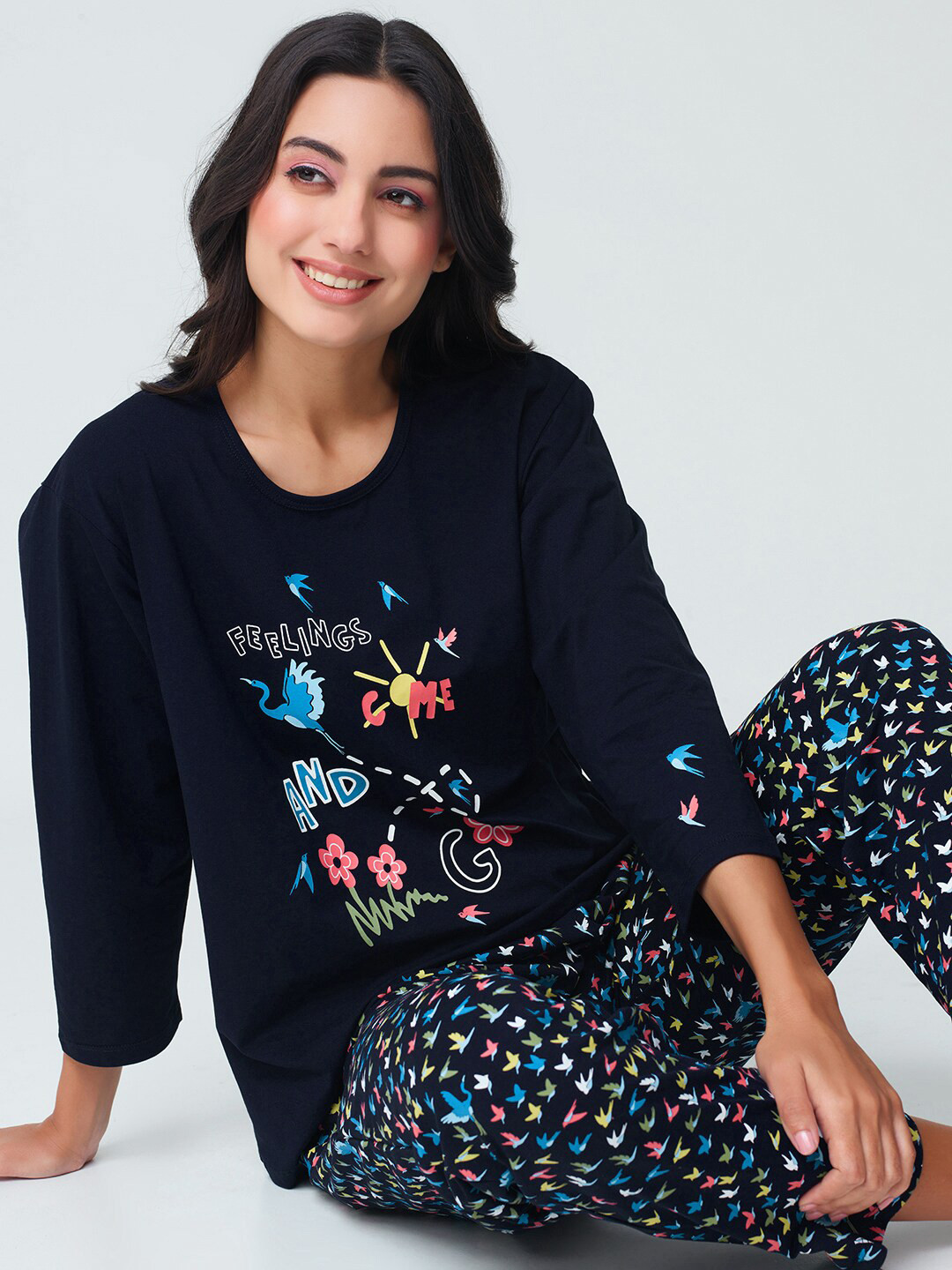 I like me Navy Blue Typography Printed Pure Cotton Top & Pyjama
