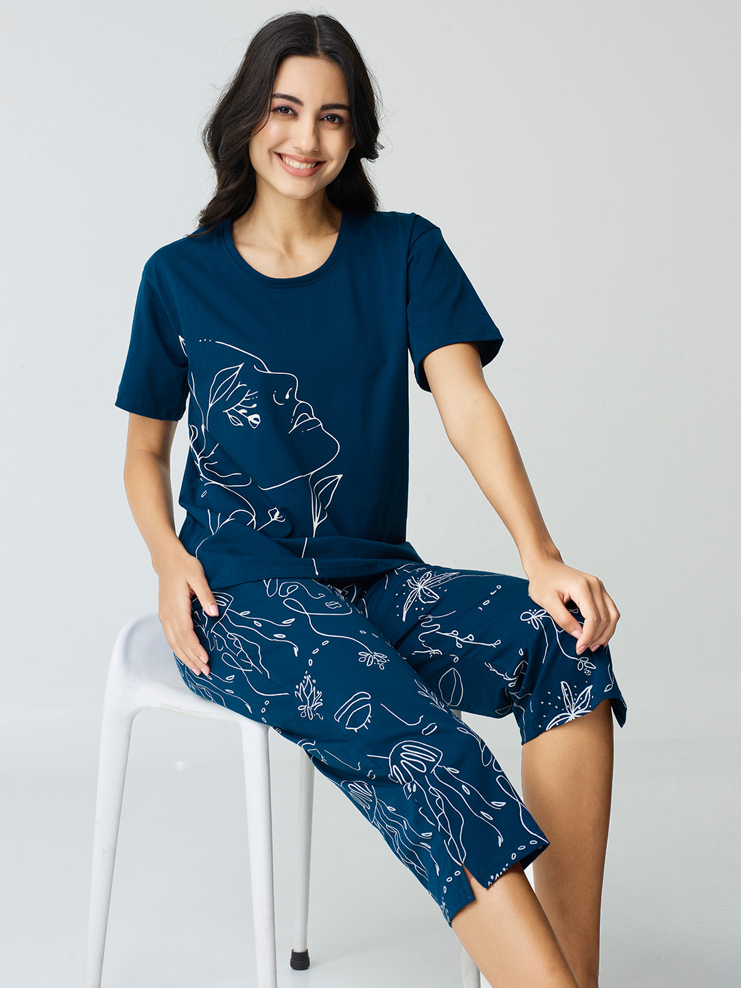 I like me Blue Abstract Printed Pure Cotton Night suit