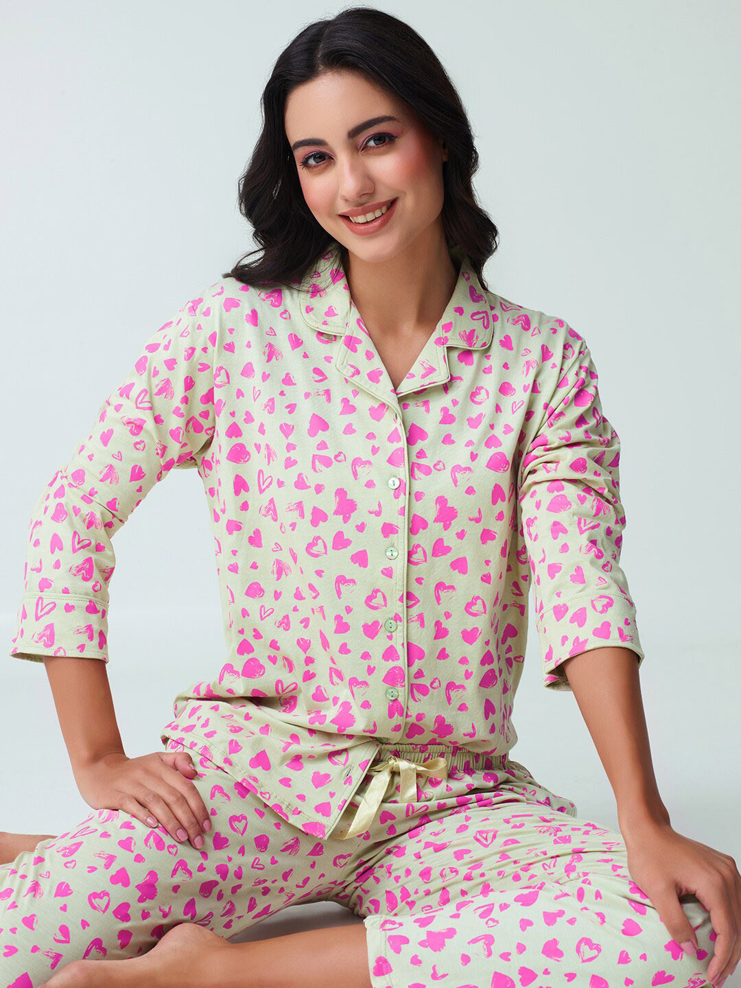I like me Green & Pink Conversational Printed Lapel Collar Pure Cotton Shirt & Pyjama