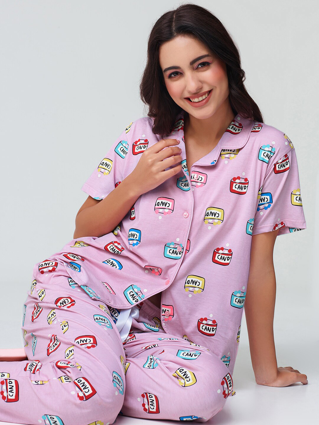 I like me Pink Conversational Printed Pure Cotton Night suit
