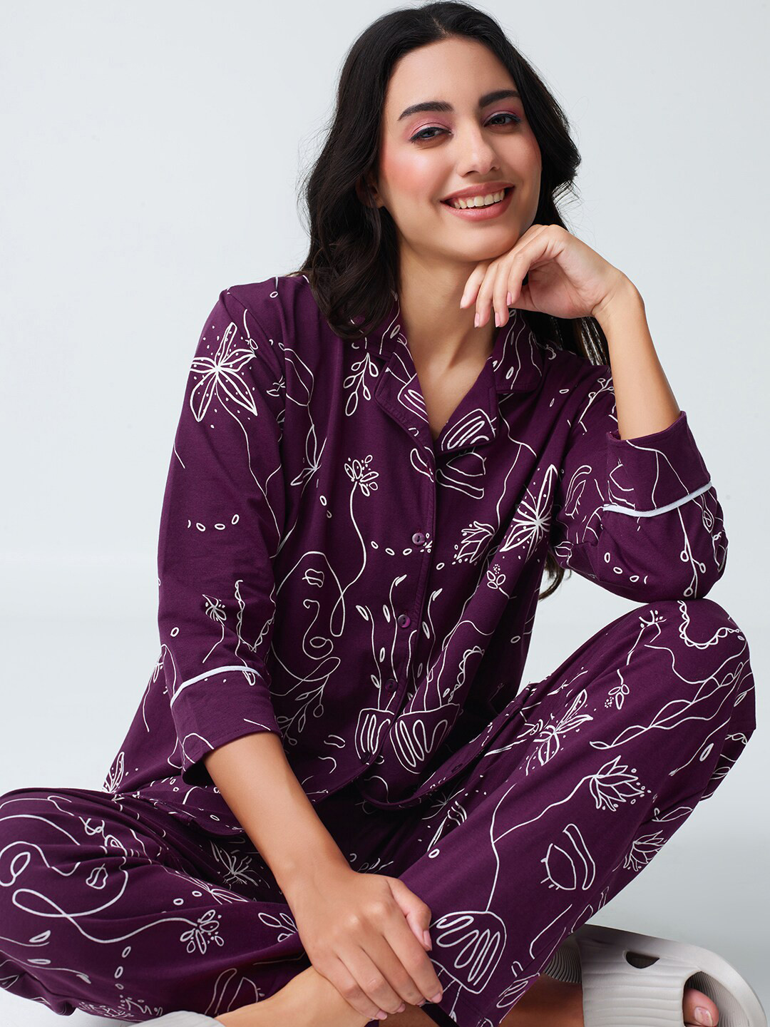 I like me Purple Abstract Printed Pure Cotton Night suit