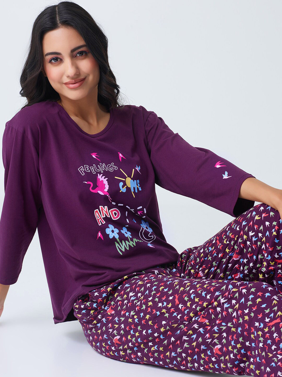 I like me Purple Typography Printed Pure Cotton Top & Pyjama