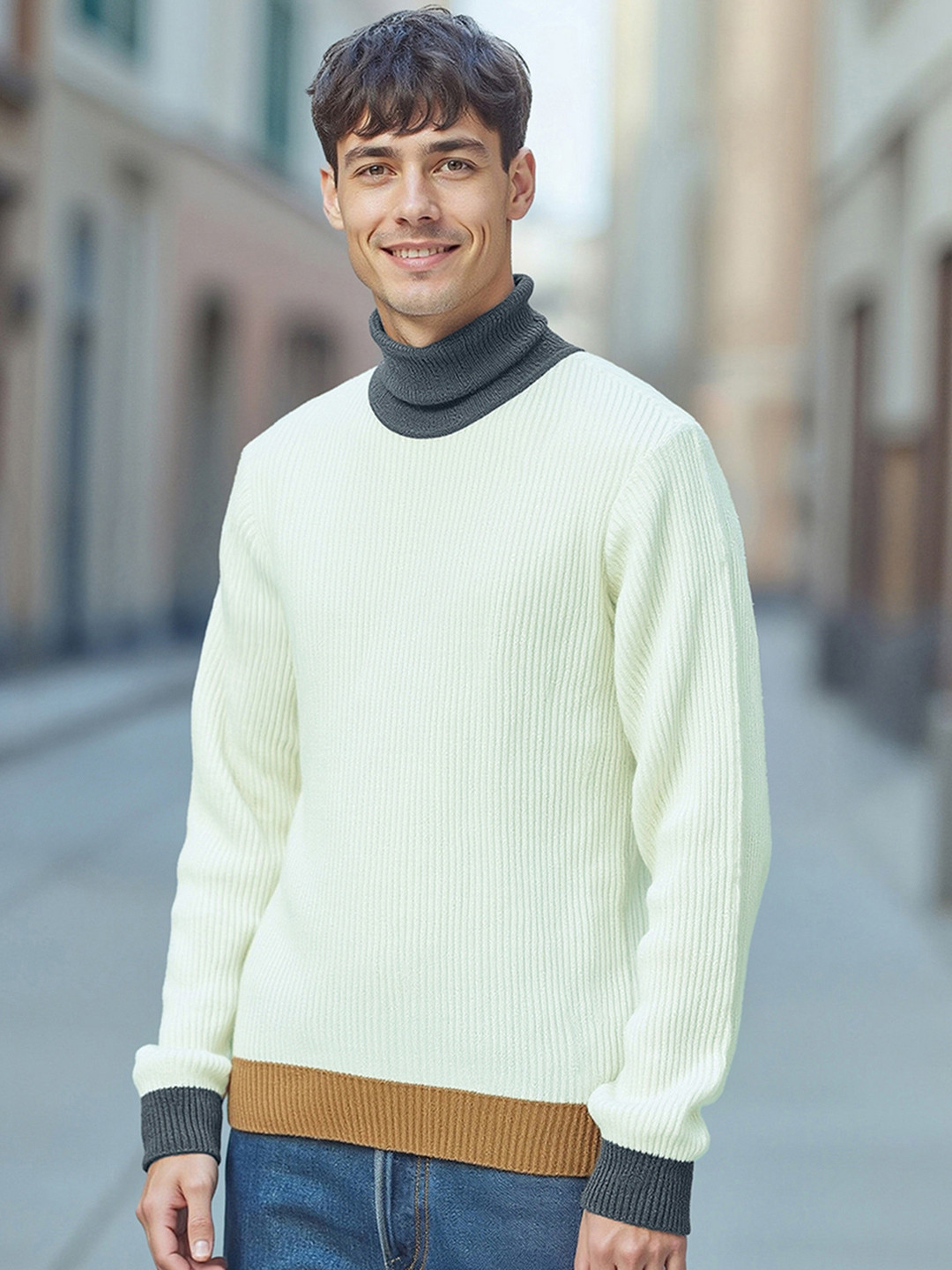 Bewakoof Off White Ribbed High Neck Acrylic Sweater