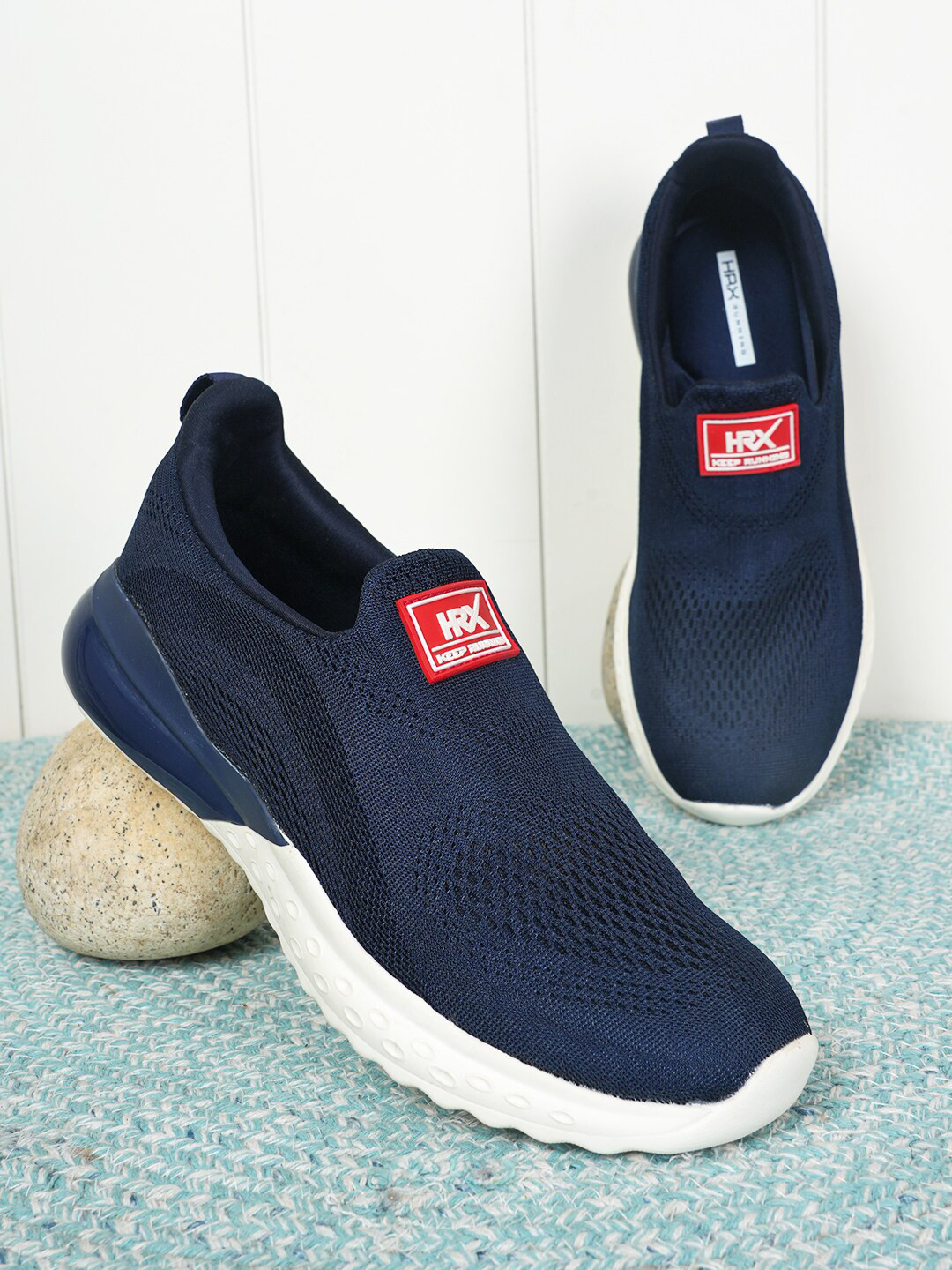 HRX by Hrithik Roshan Men Navy Blue & White Flyknit Lunar Slip-On Running Shoes