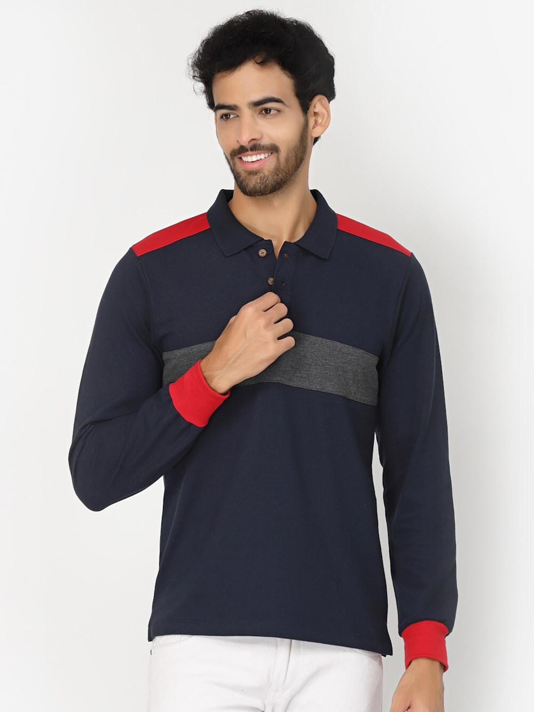 Kalt Colourblocked Polo Collar Long Sleeve Regular Fit T-shirt