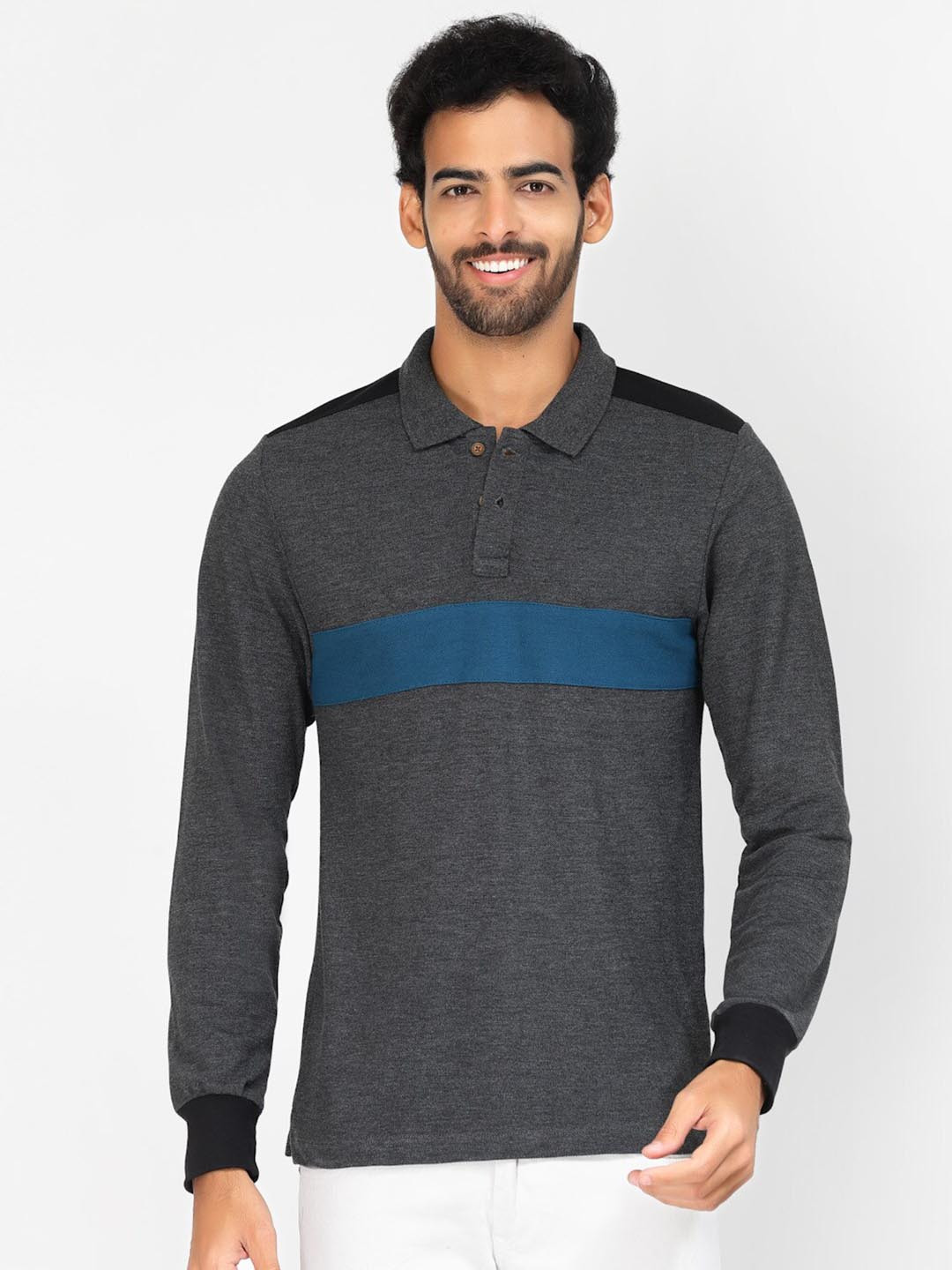 Kalt Colourblocked Polo Collar Long Sleeve Regular Fit T-shirt