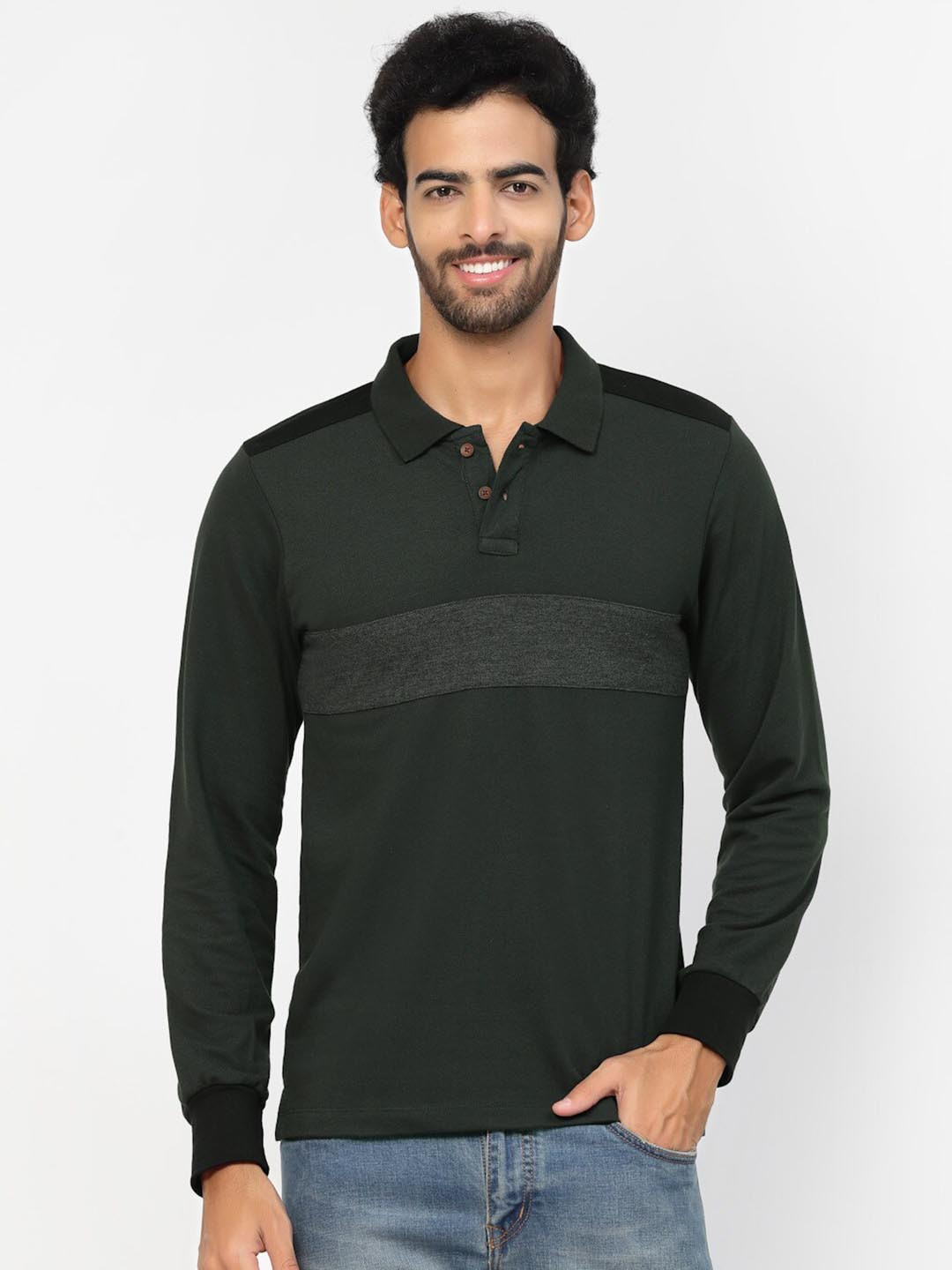 Kalt Colourblocked Polo Collar Long Sleeve Regular Fit T-shirt