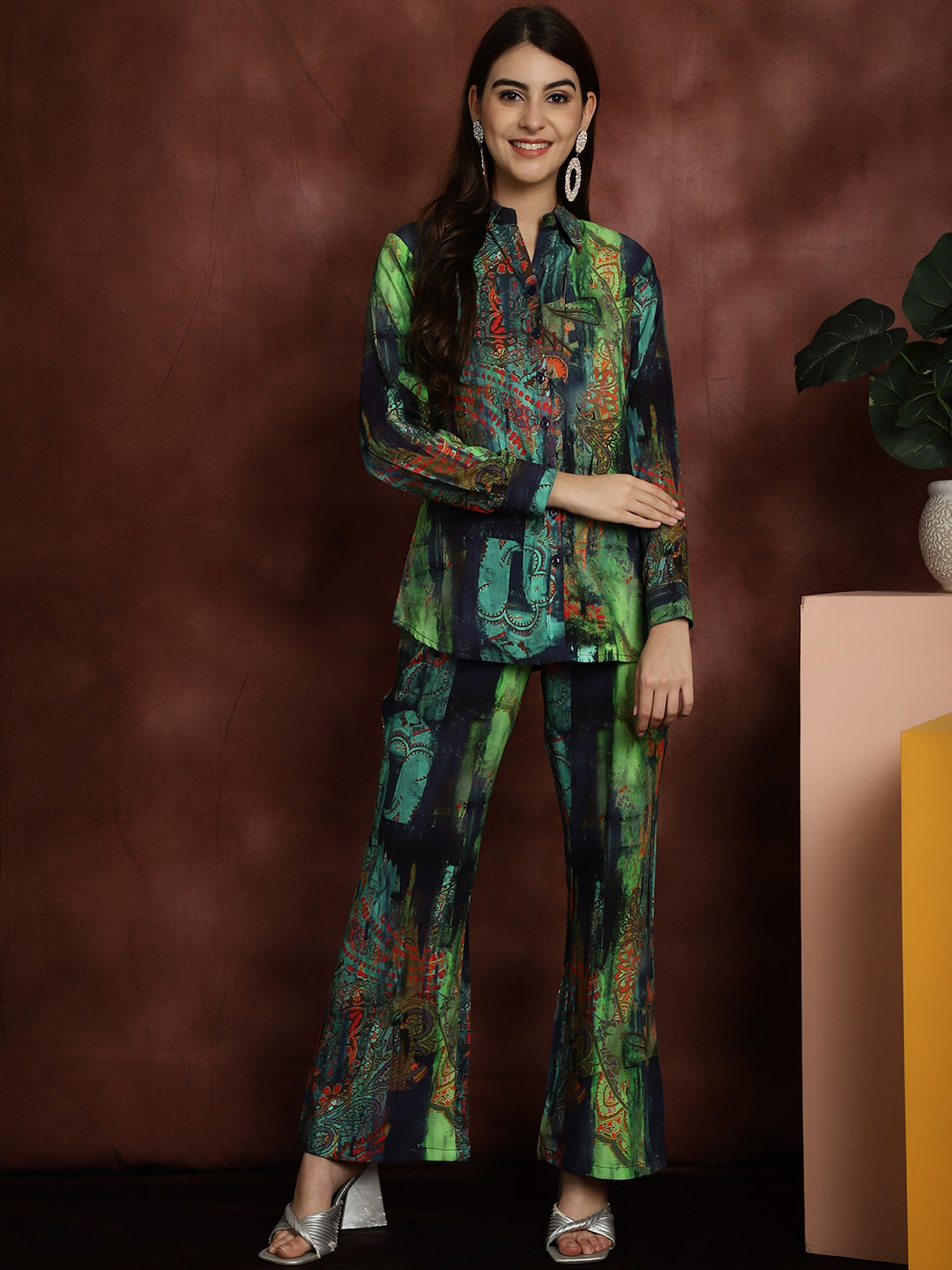 Claura Green Printed Shirt With Trousers