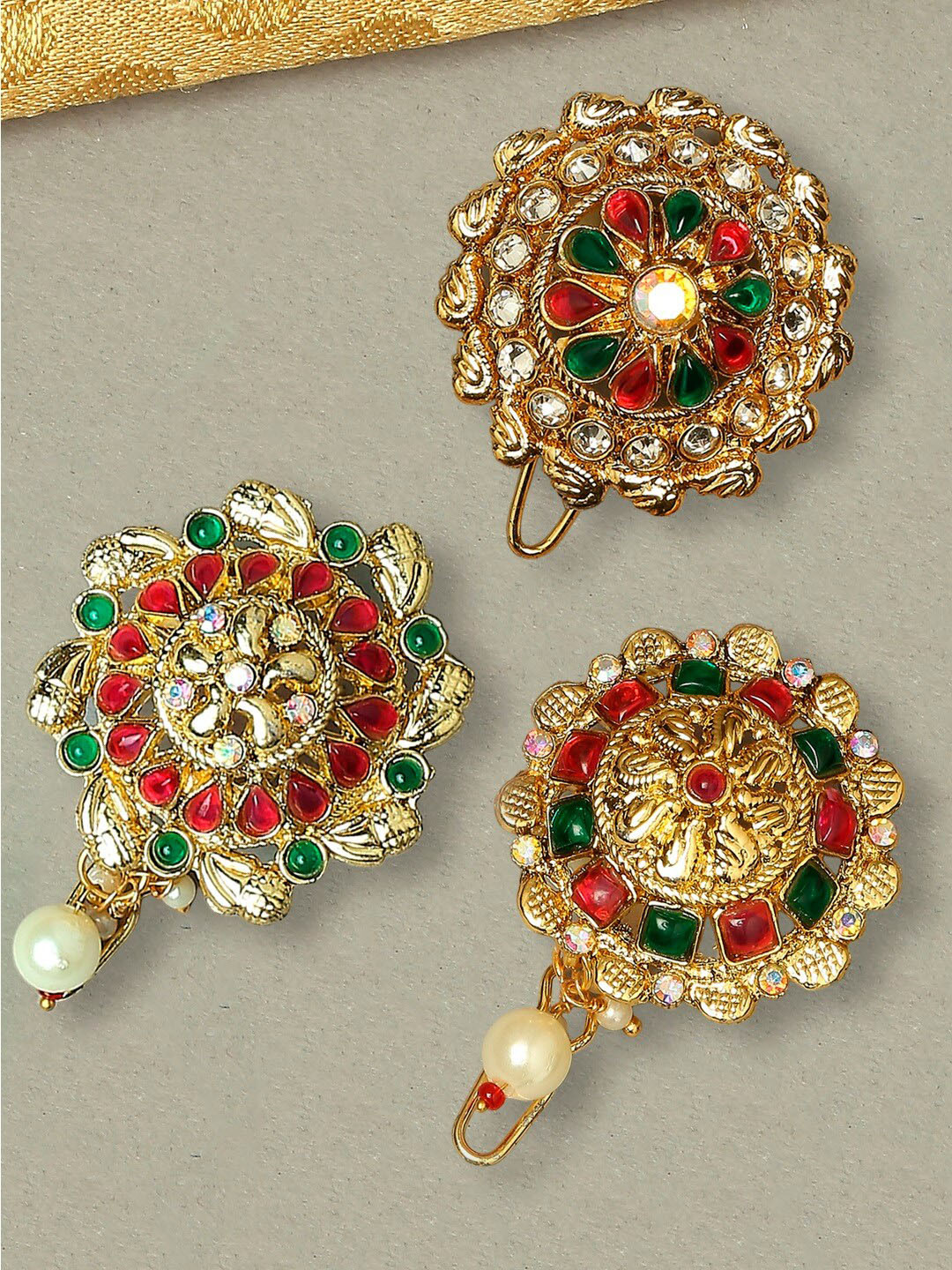 OOMPH Set Of 3 Stones Studded Floral Design Bun Pins