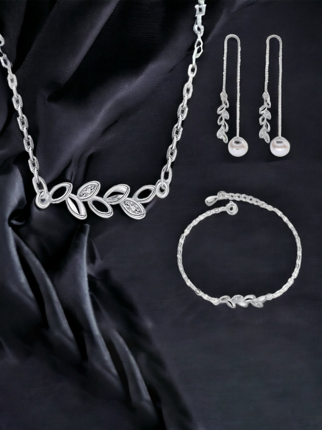 MYKI Silver-Plated Cubic Zirconia Studded Pleasant Leaf Jewellery Set