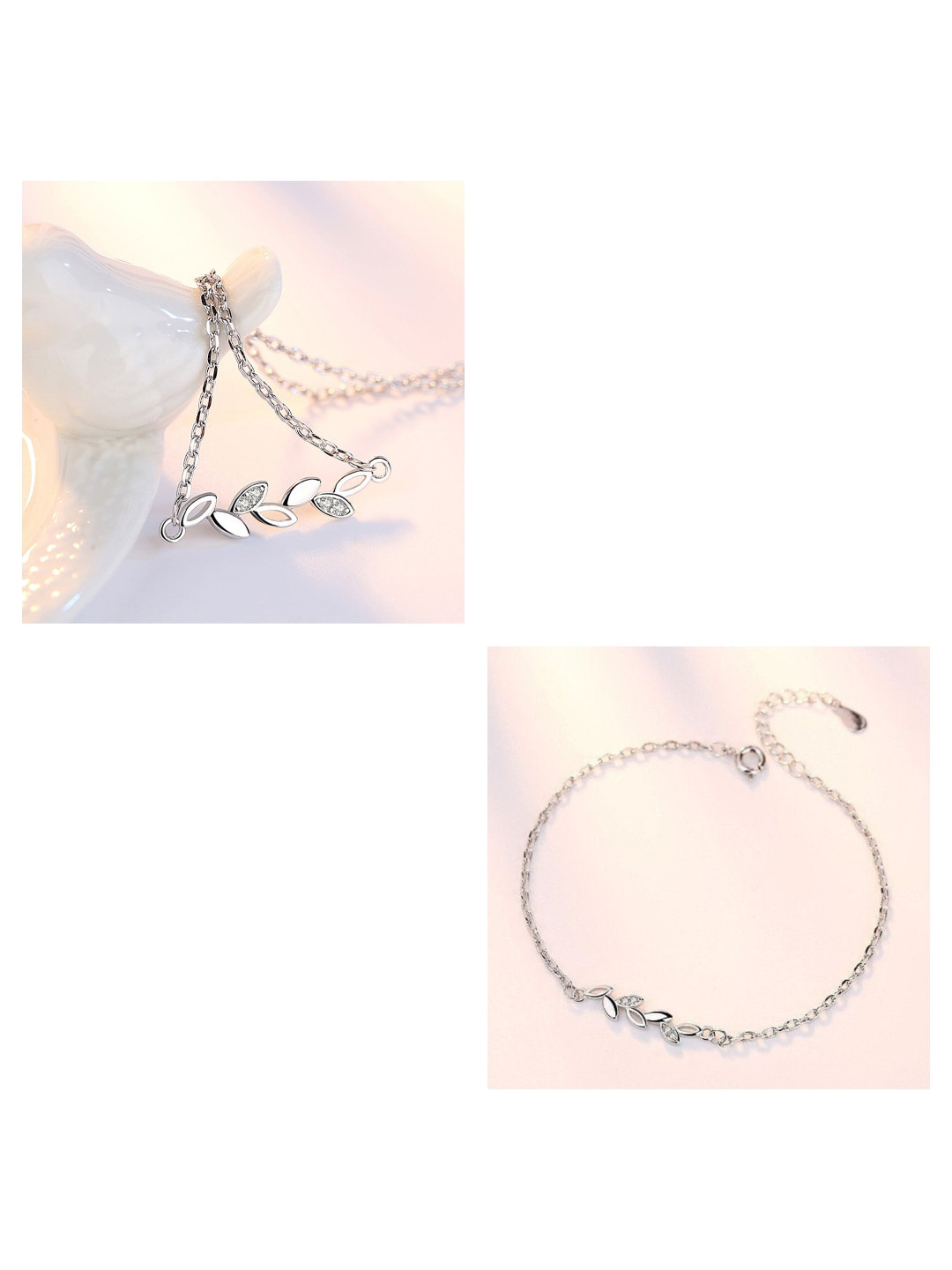 MYKI Silver-Plated Leaf Cubic Zirconia Studded Stainless Steel Necklace & Bracelet