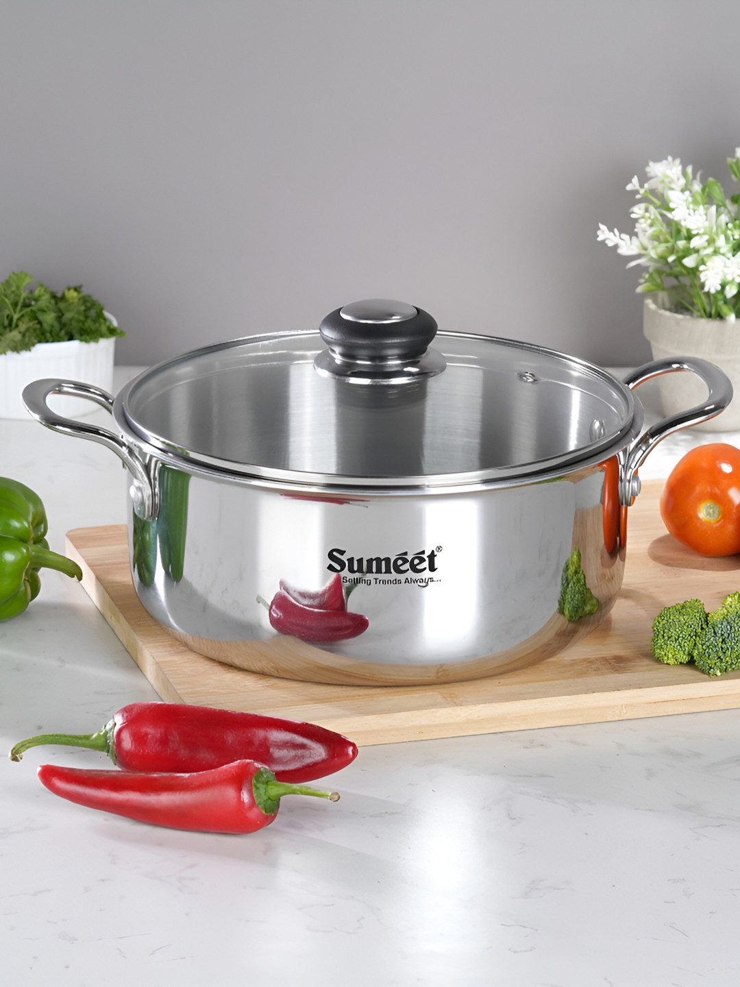 Sumeet Silver-Toned Dishwasher Safe Cook and Serve Casserole With Glass Lid 3.75 L