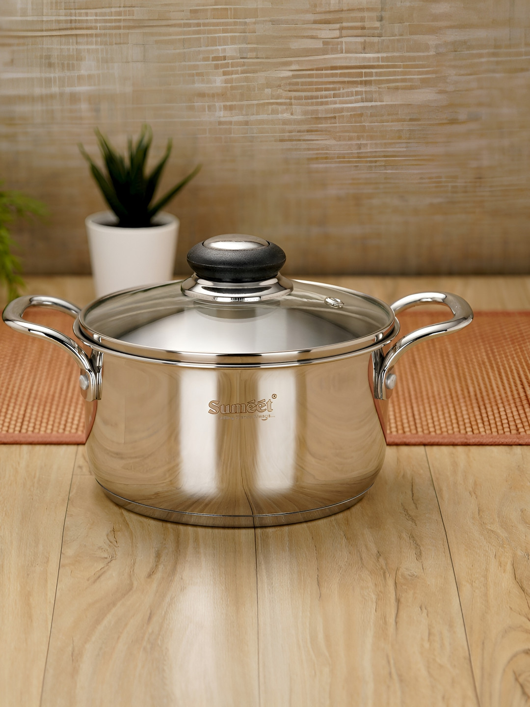 Sumeet Stainless Steel Induction Base Cook and Serve Casserole with Glass Lid 2.5 L