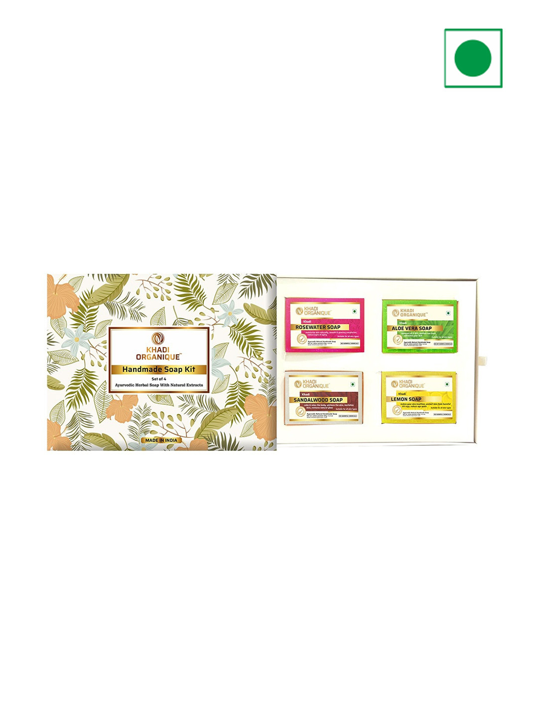 Khadi Organique 4-Pcs Sandalwood-RoseWater-Aloe Vera & Lemon Soap - 125g Each