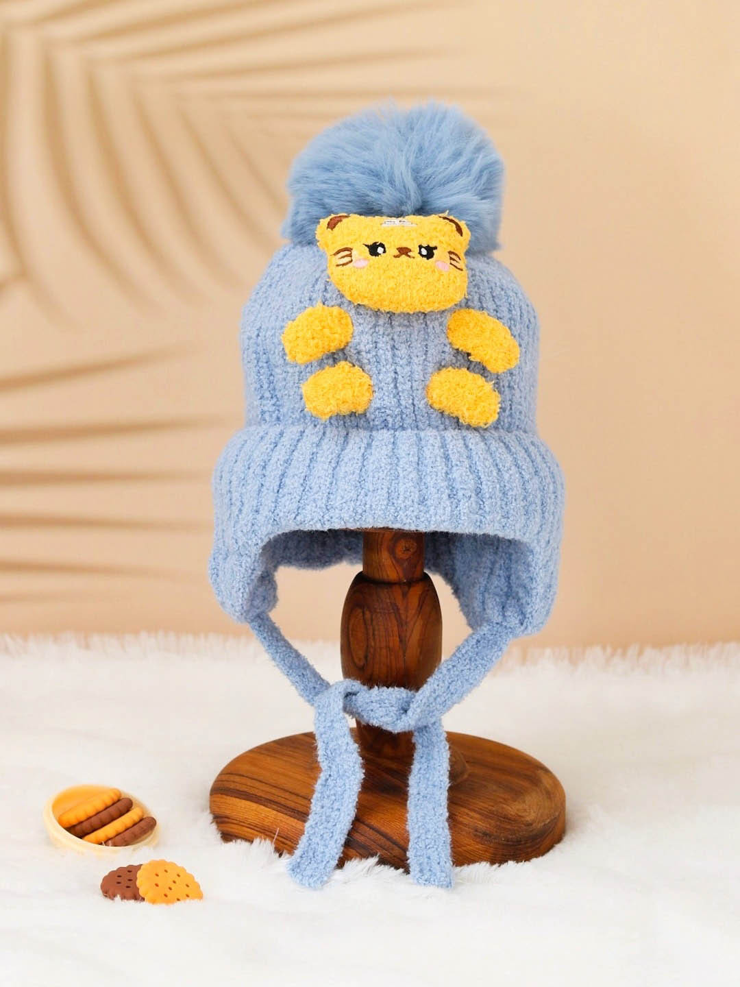 Yellow Bee Boys Self Design Tiger Applique Woollen Beanie