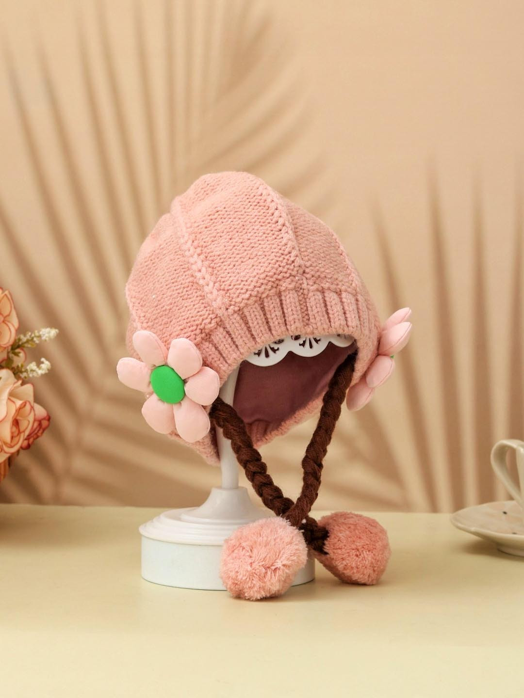 Yellow Bee Girls Self Design Braided Woollen Beanie