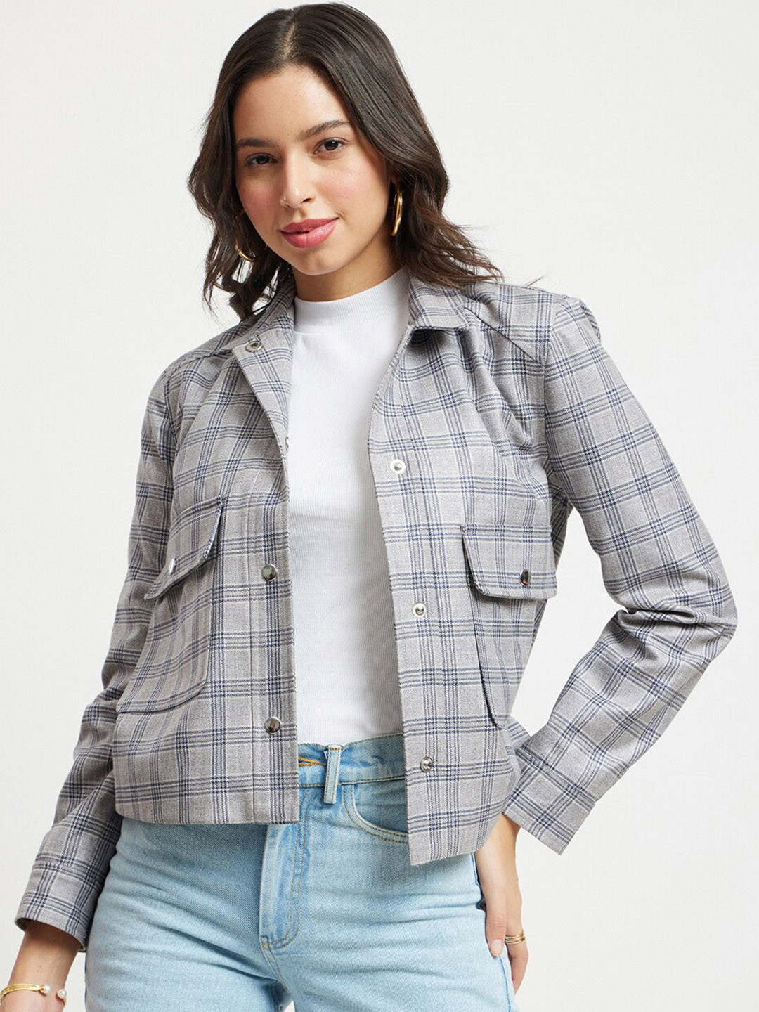 FableStreet Checked Crop Tailored Jacket