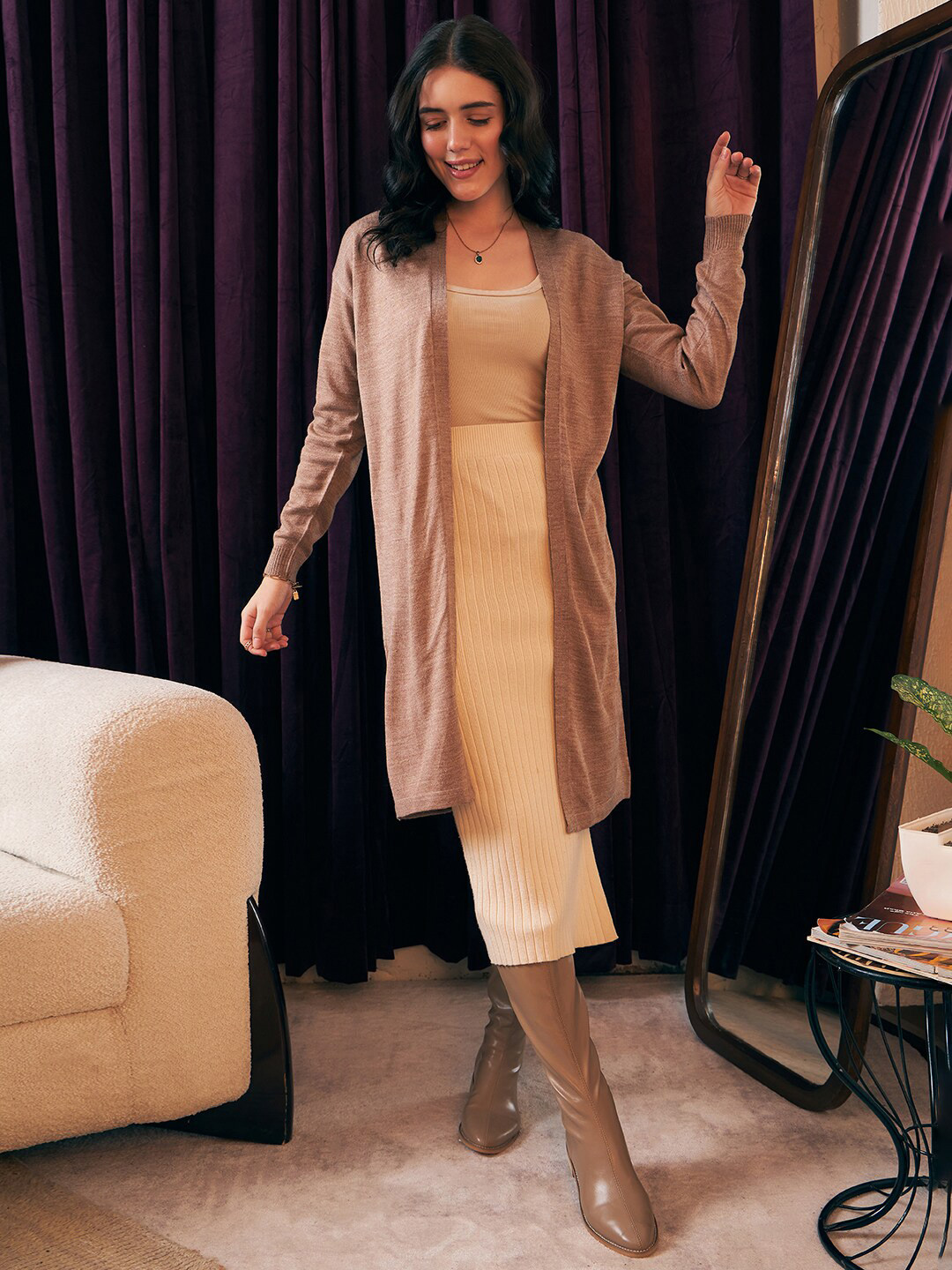 Berrylush Brown Collarless Acrylic Longline Front Open Cardigan Sweater